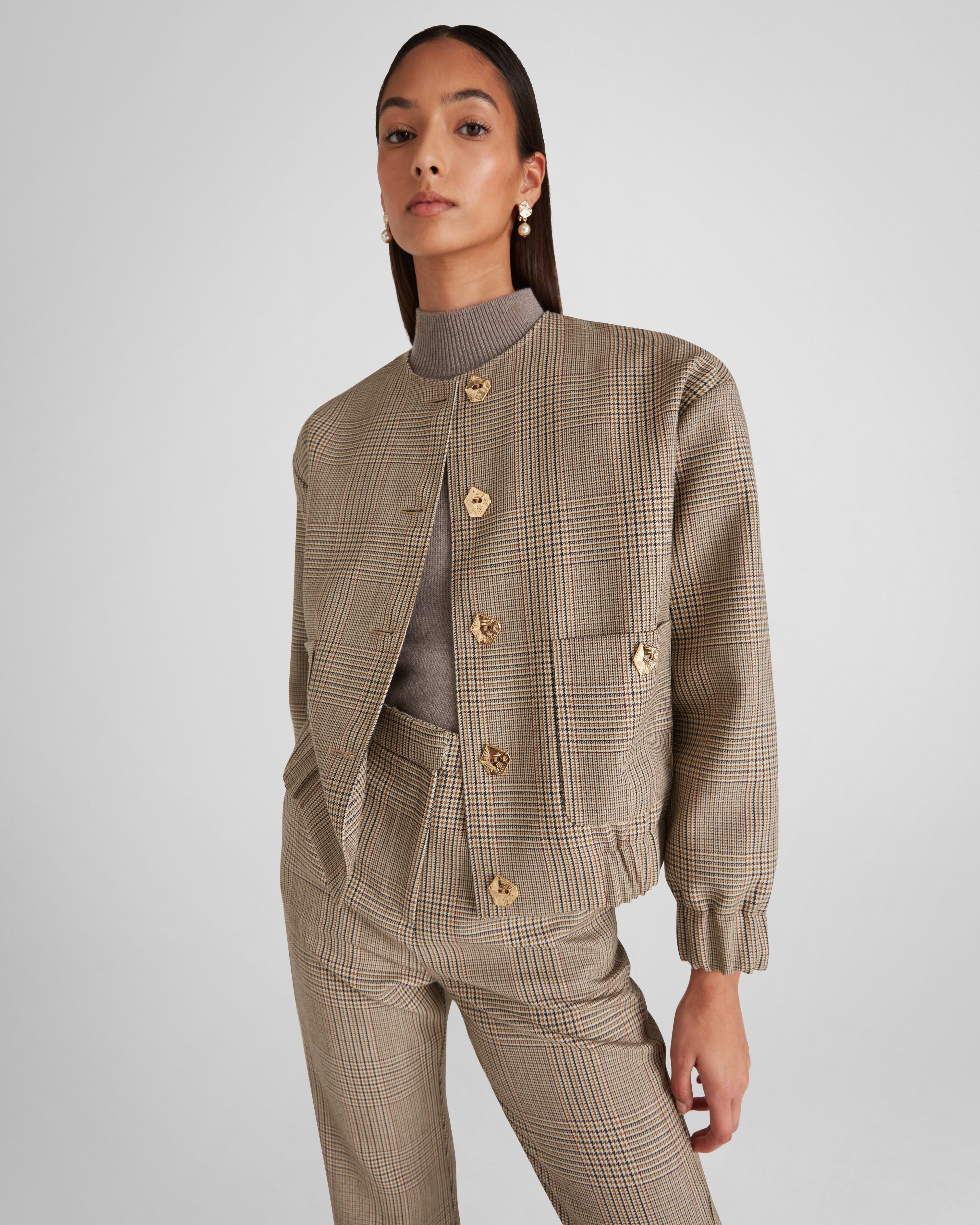 Kelly Bomber Jacket Sculpted Wool Houndstooth