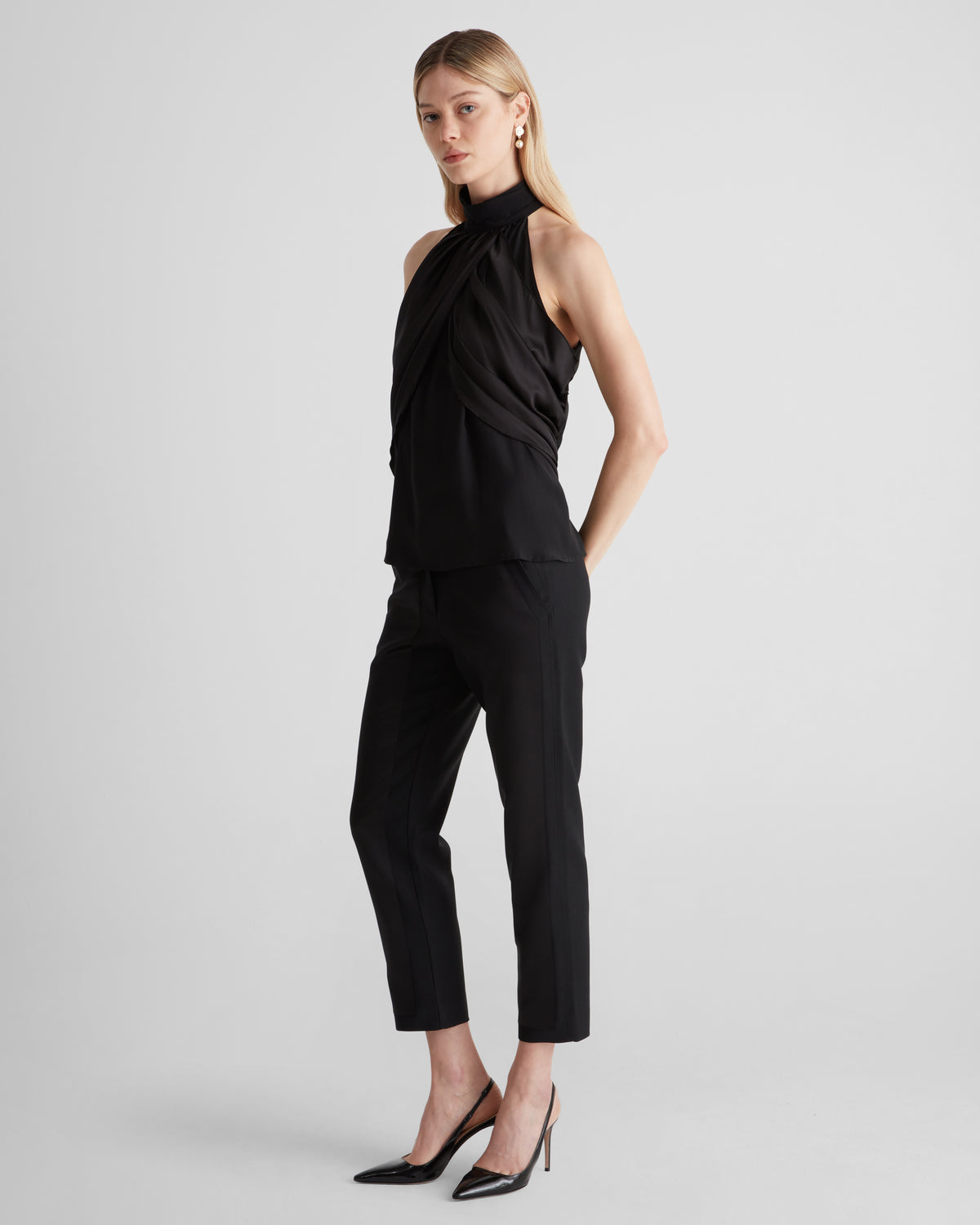 Vasari Top in black Silk Satin and Crepe De Chine
