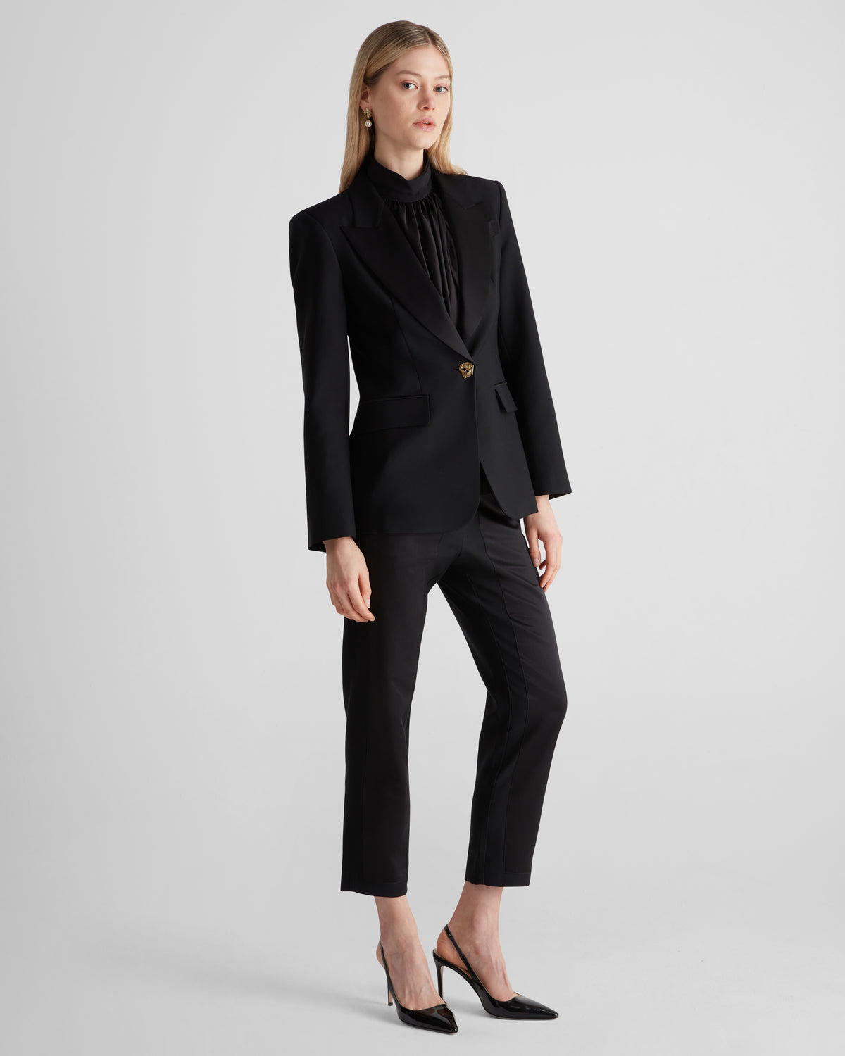 Uccellini Blazer in black Wool Crepe and Silk Satin
