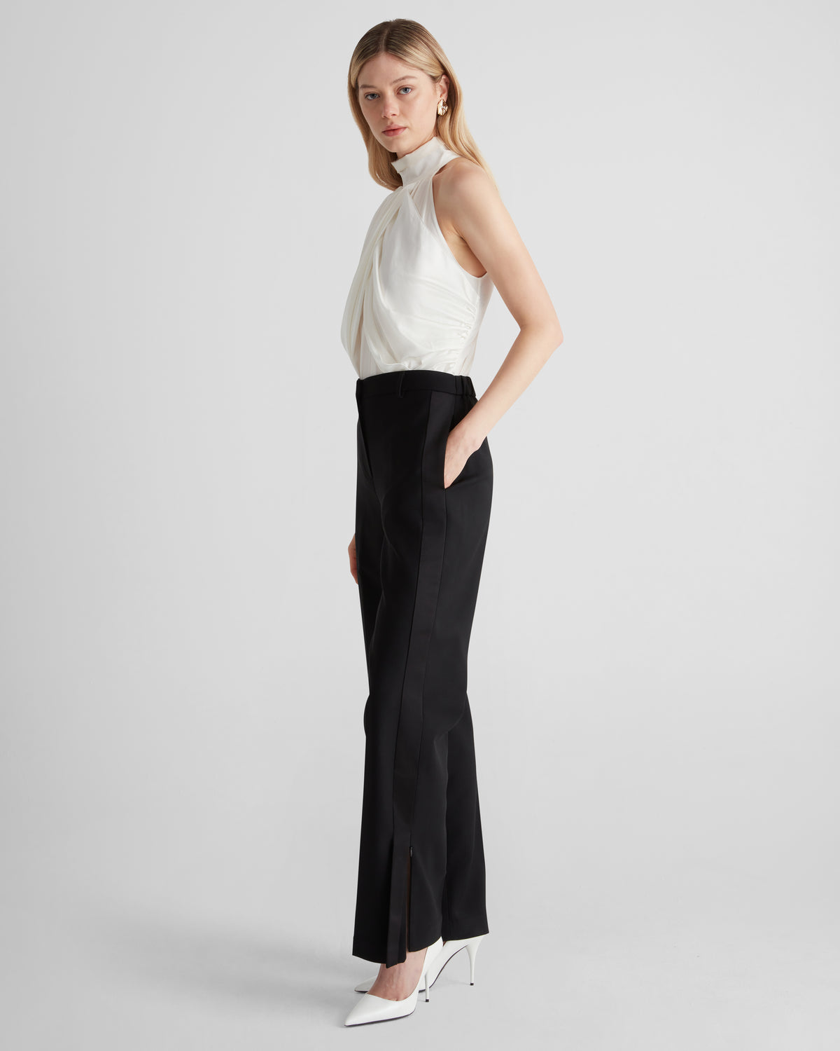 Vasari Top in ivory Silk Satin and Crepe De Chine