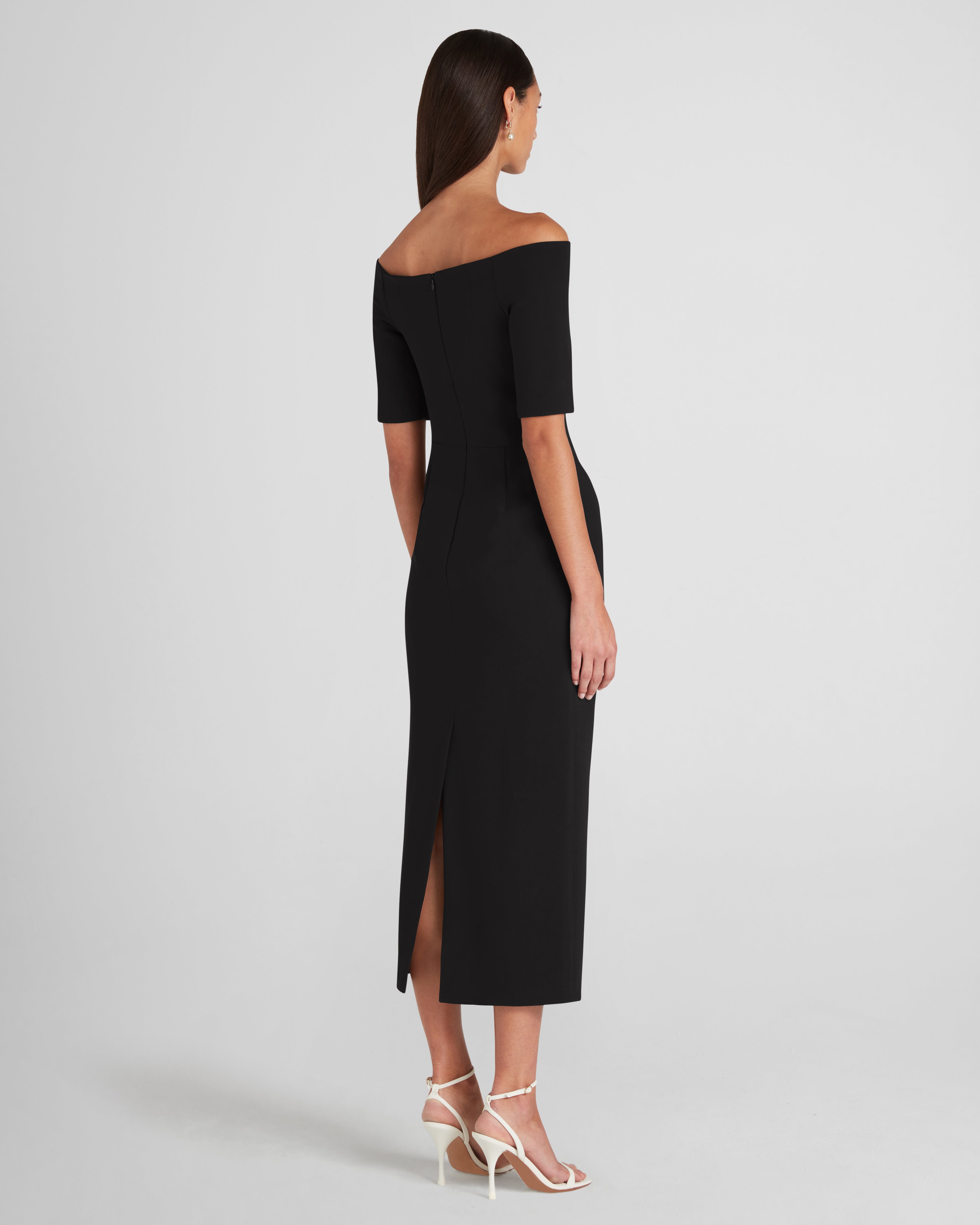 Lucretia dress with a sculptural off-the-shoulder neckline