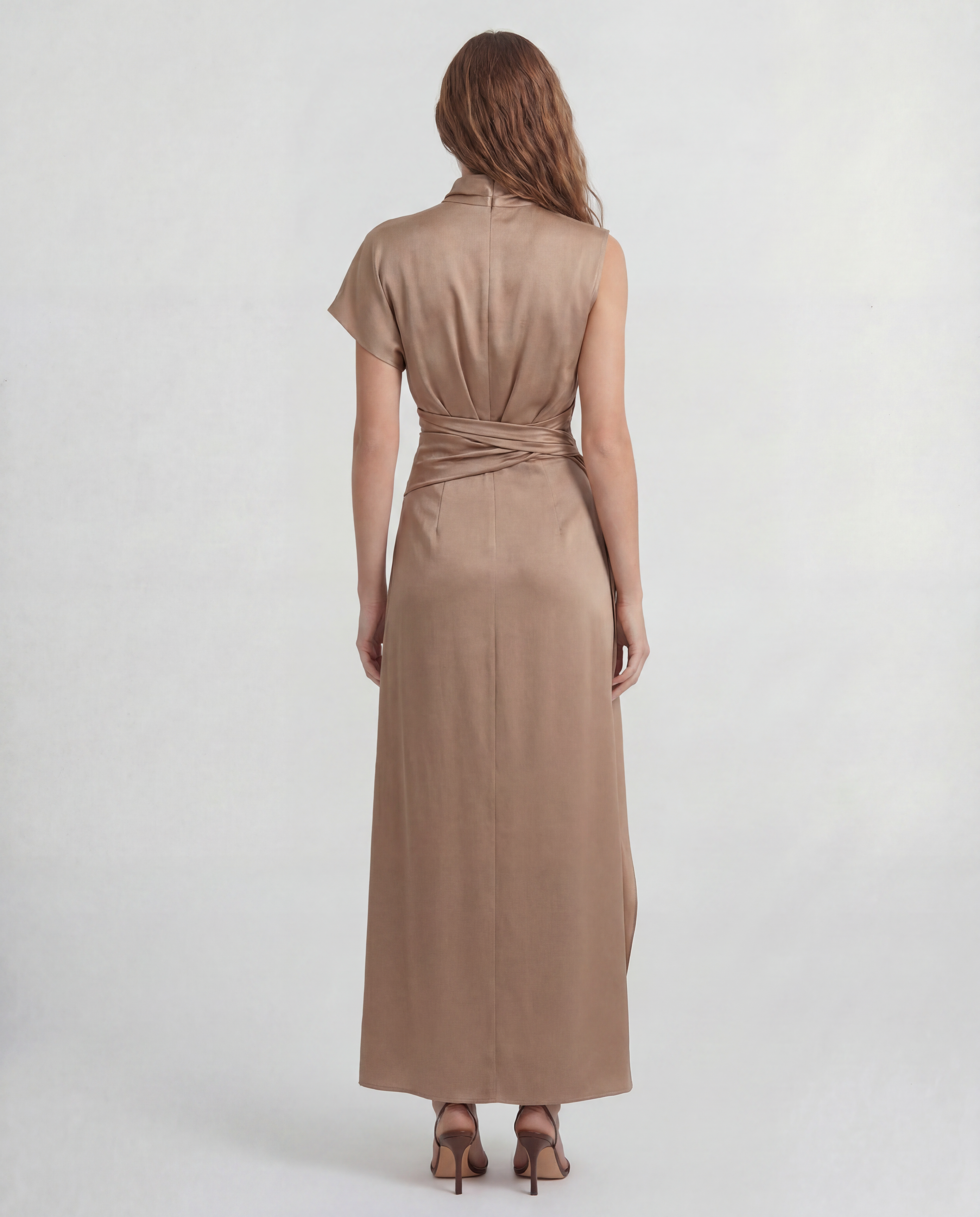 Luminara dress with a high neckline and sculptural drape