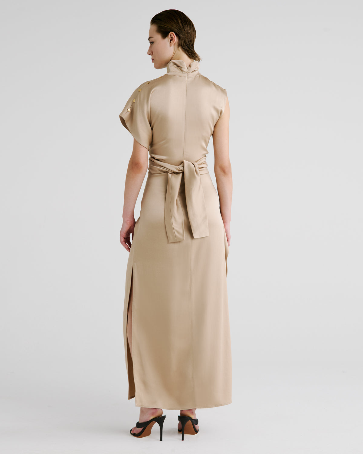 Luminara Dress with a high neckline and fluid drape