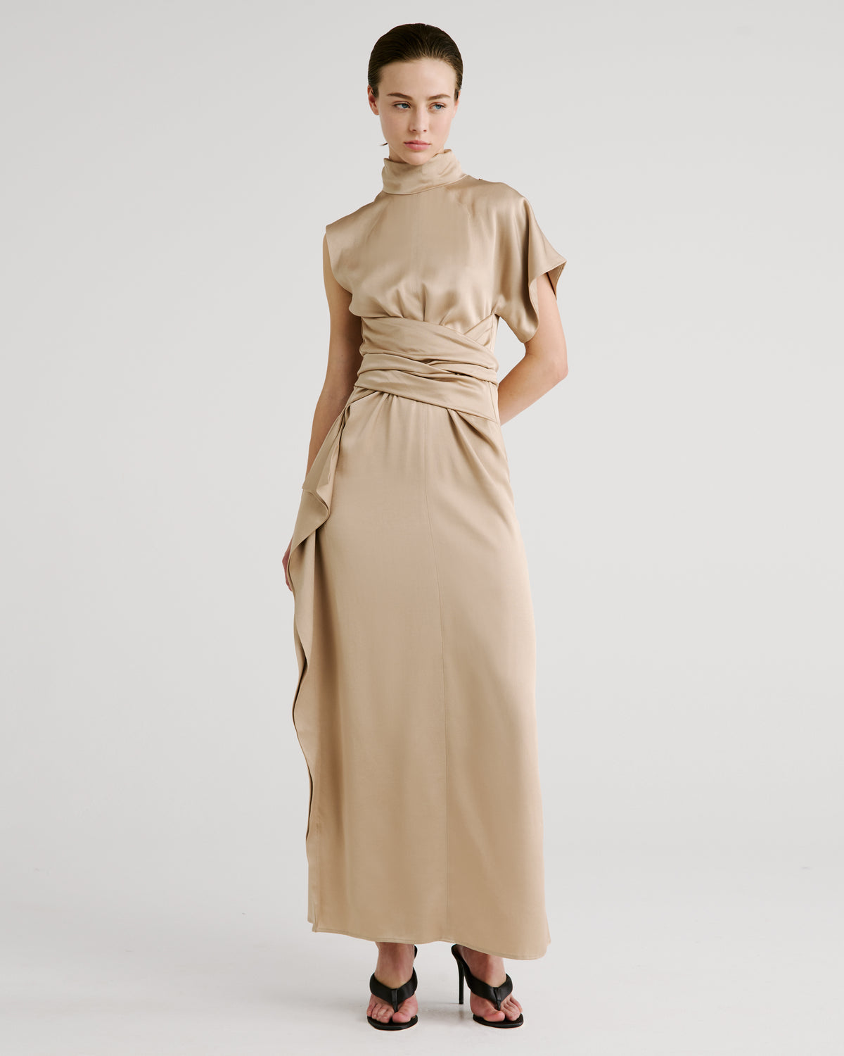 Luminara Dress with a high neckline and fluid drape