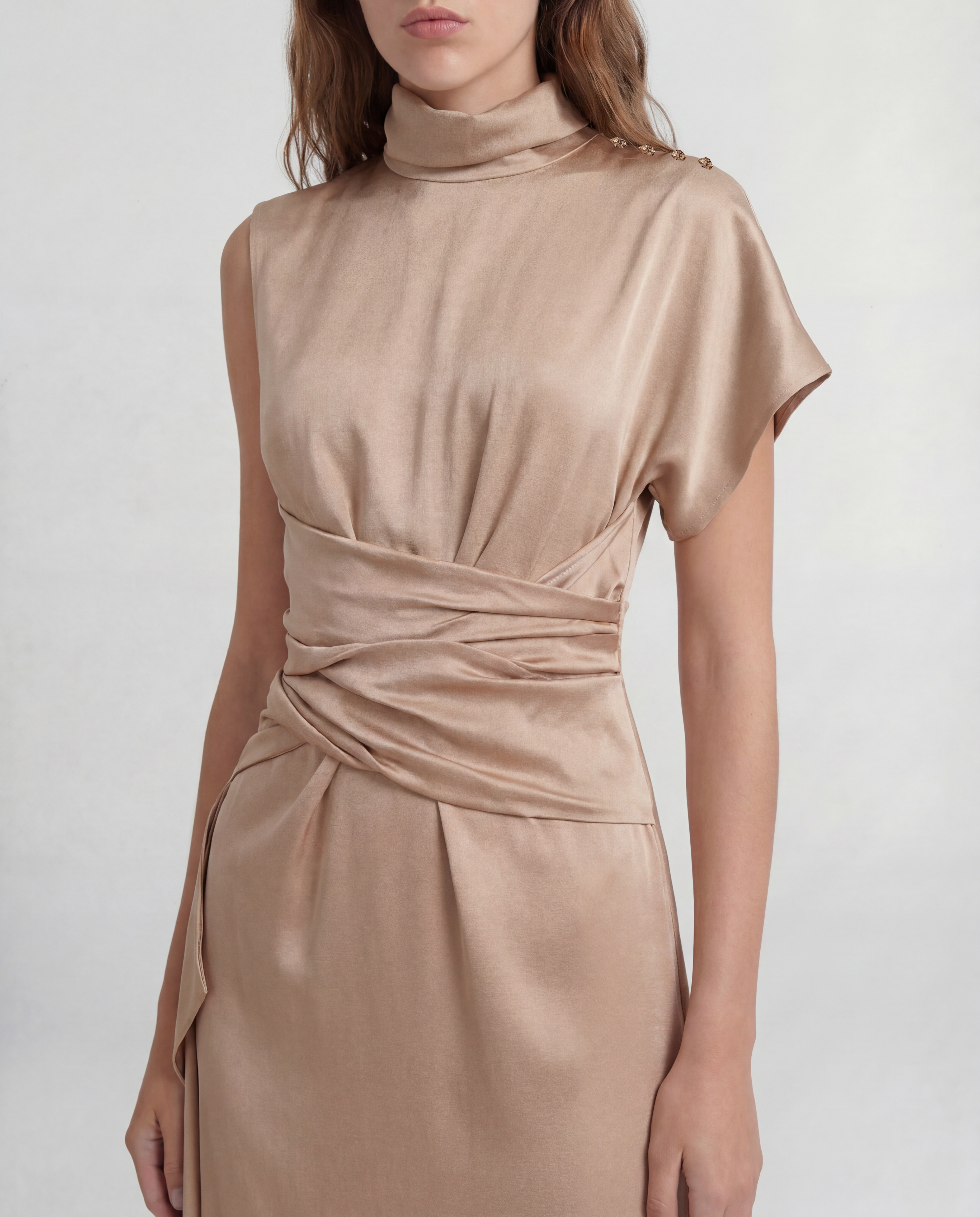 Luminara dress with a high neckline and sculptural drape