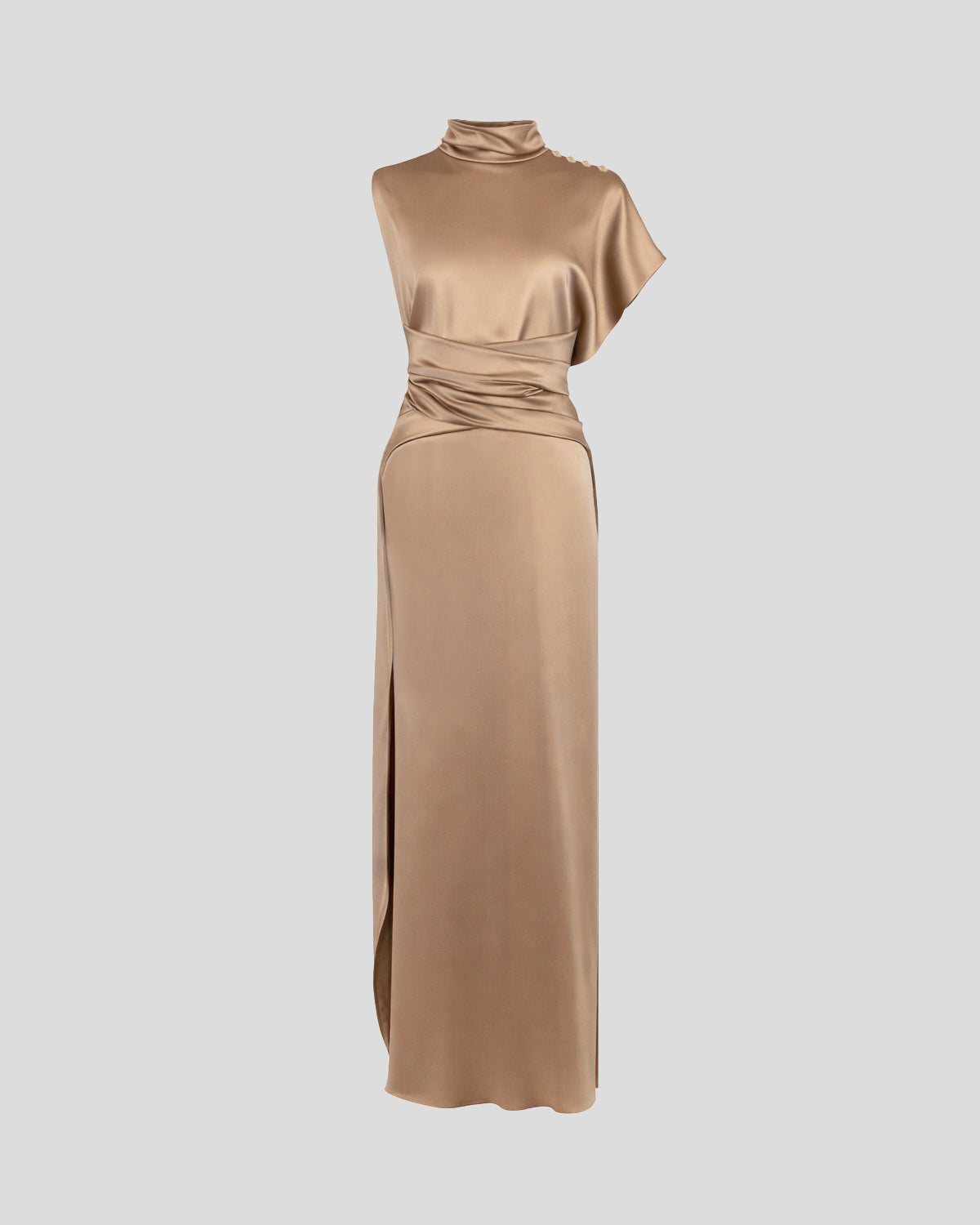Luminara dress with a high neckline and sculptural drape
