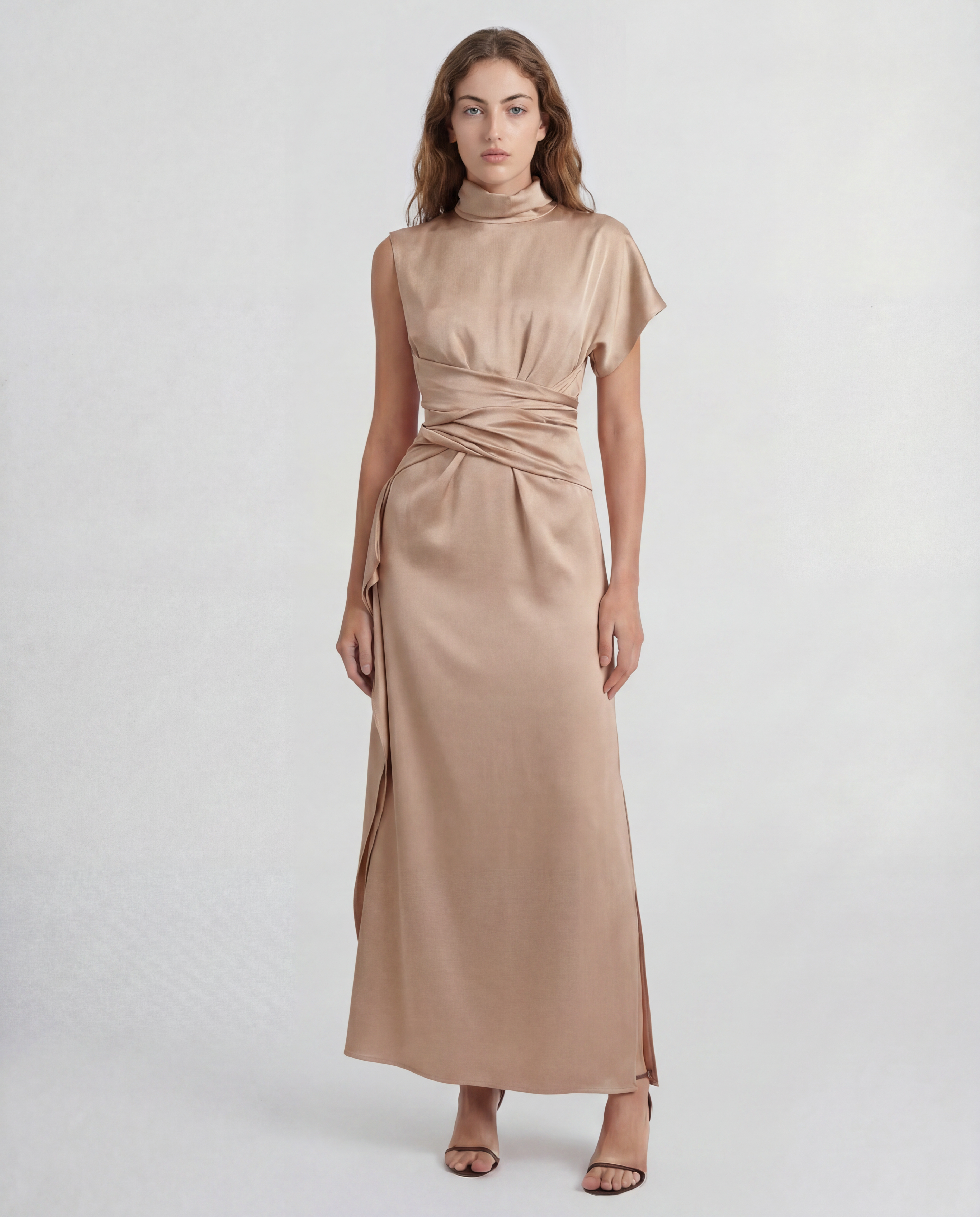 Luminara dress with a high neckline and sculptural drape