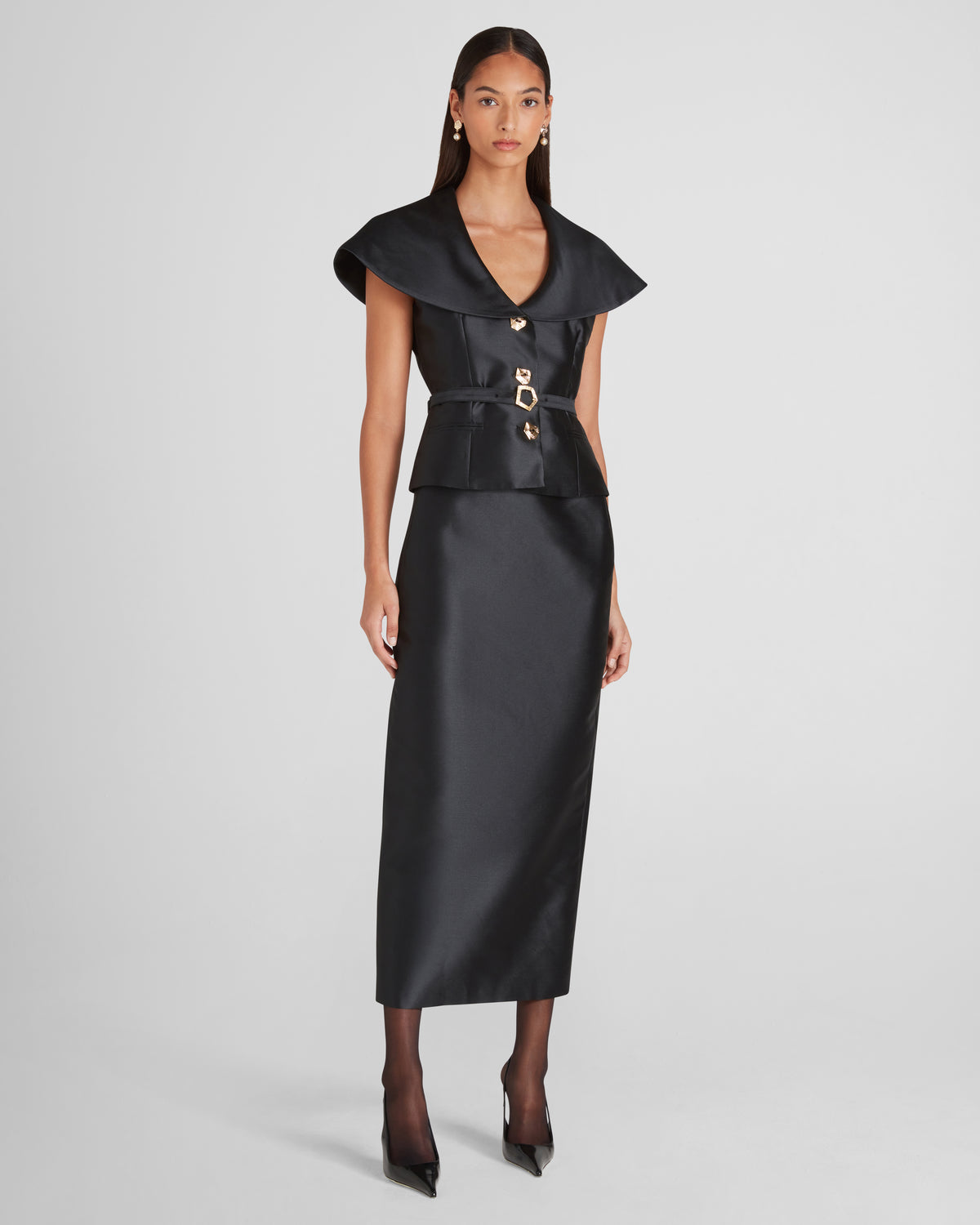 Manuela belted tuxedo dress in sculptural silk mikado