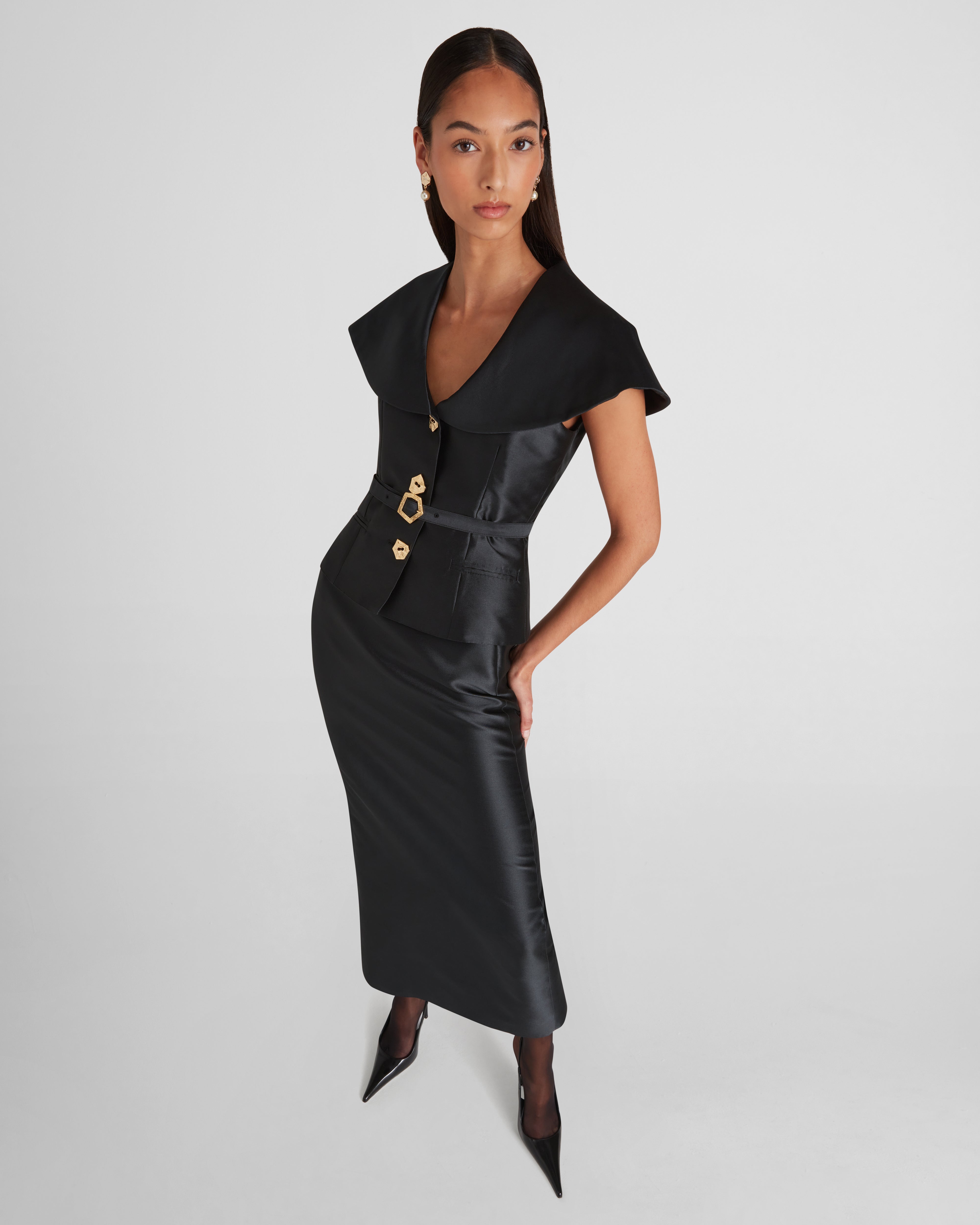 Manuela belted tuxedo dress in sculptural silk mikado