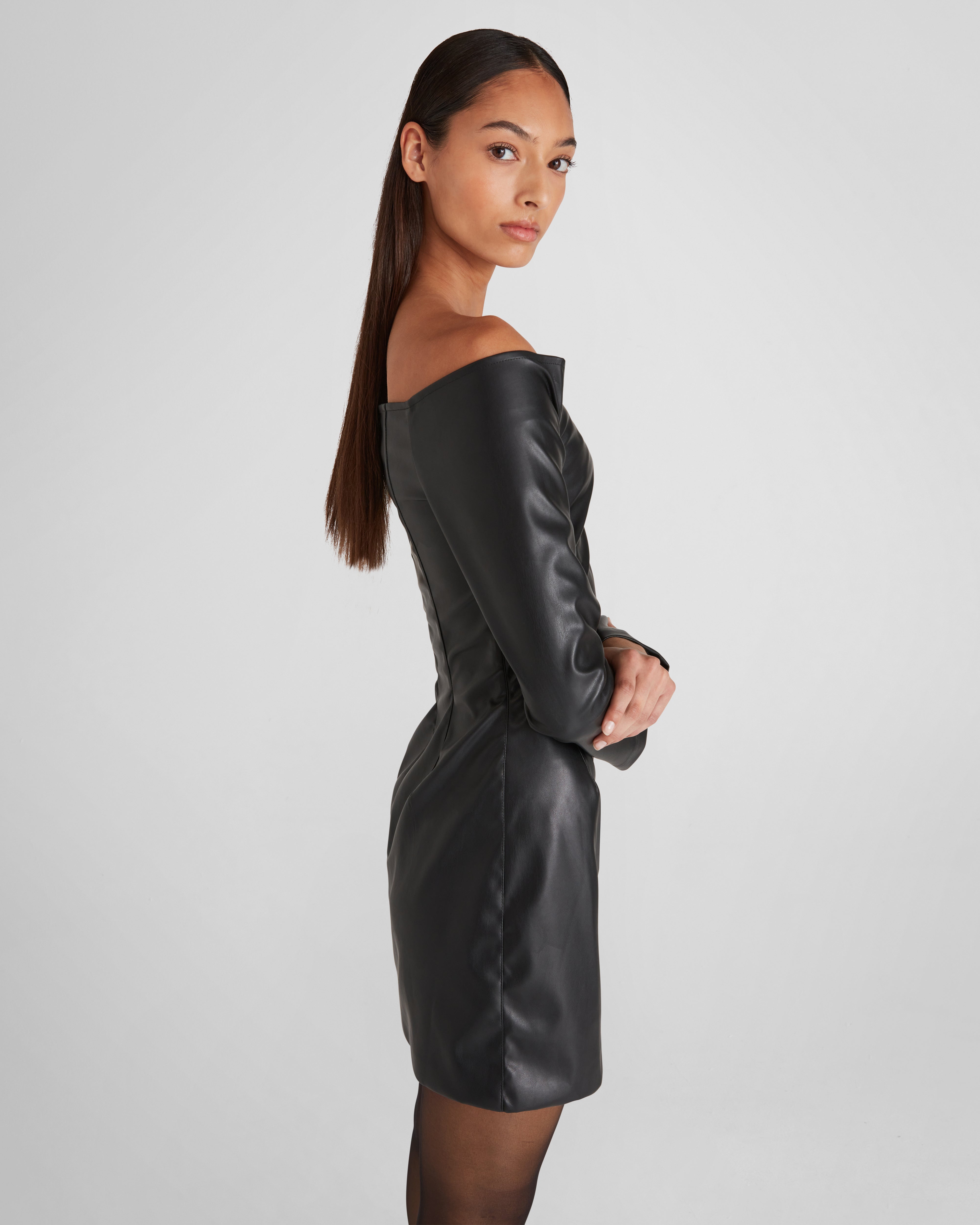 Marino dress in eco-leather with a sculptural neckline
