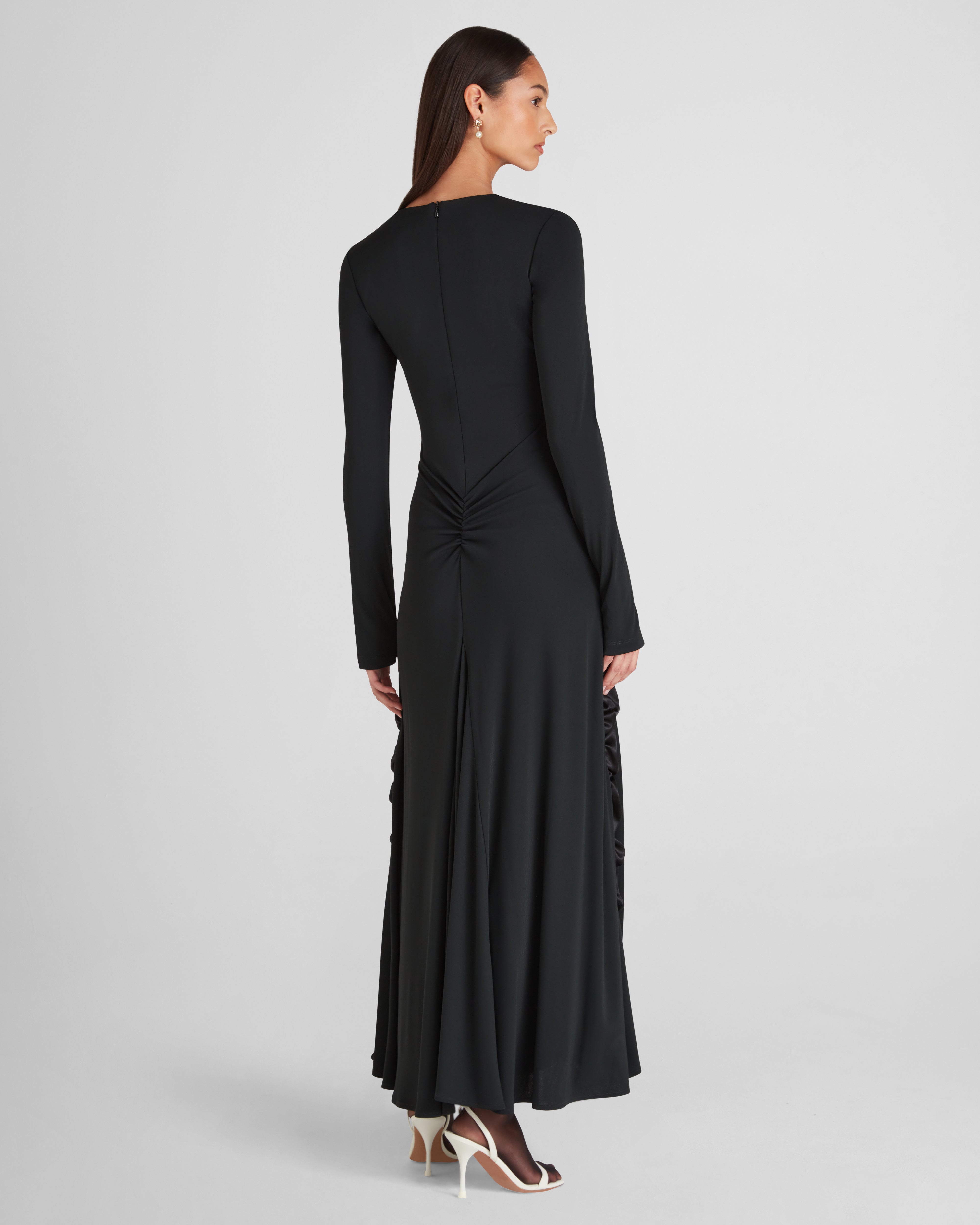 Mengoni maxi dress with sculptural silk and a boat neckline