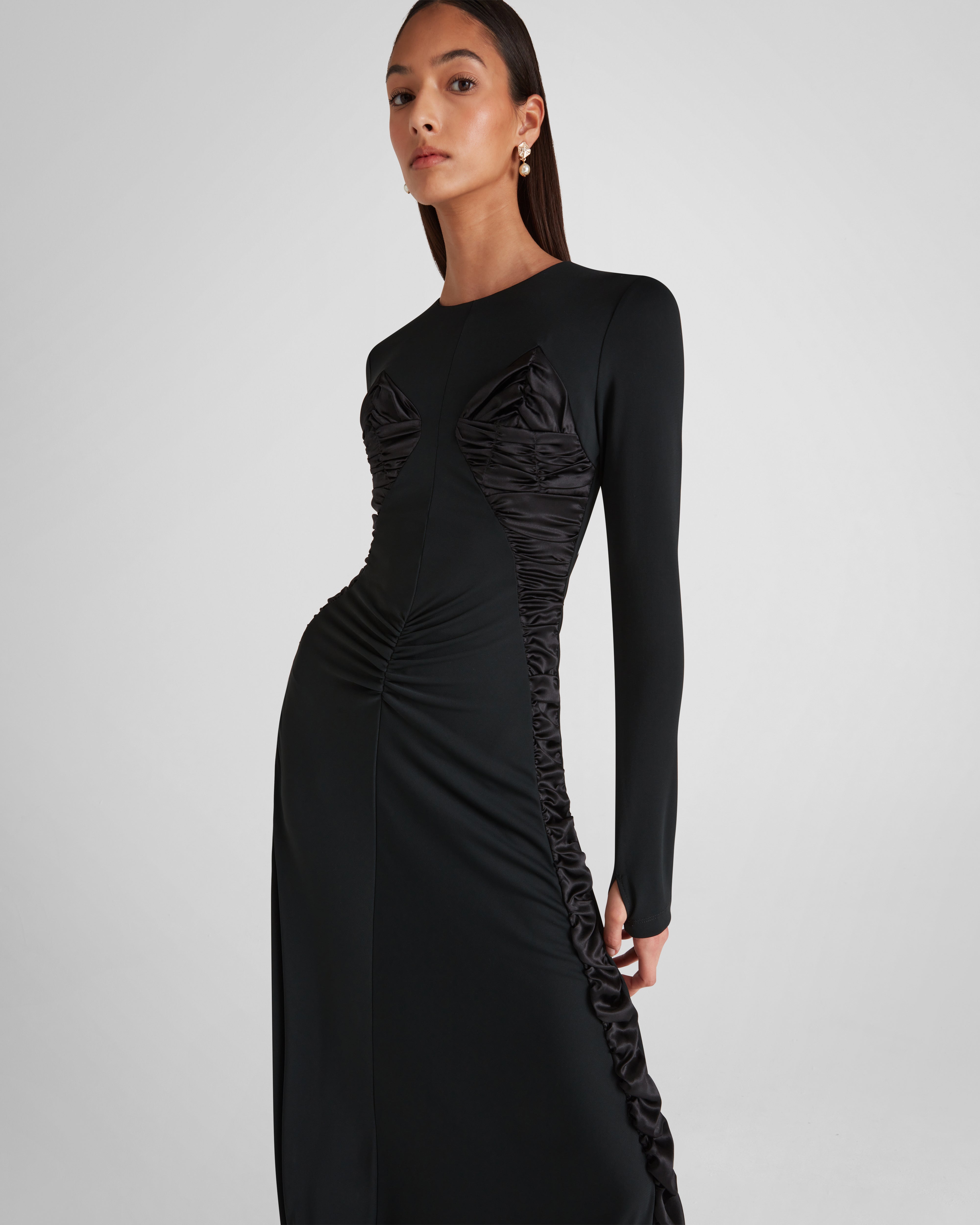 Mengoni maxi dress with sculptural silk and a boat neckline