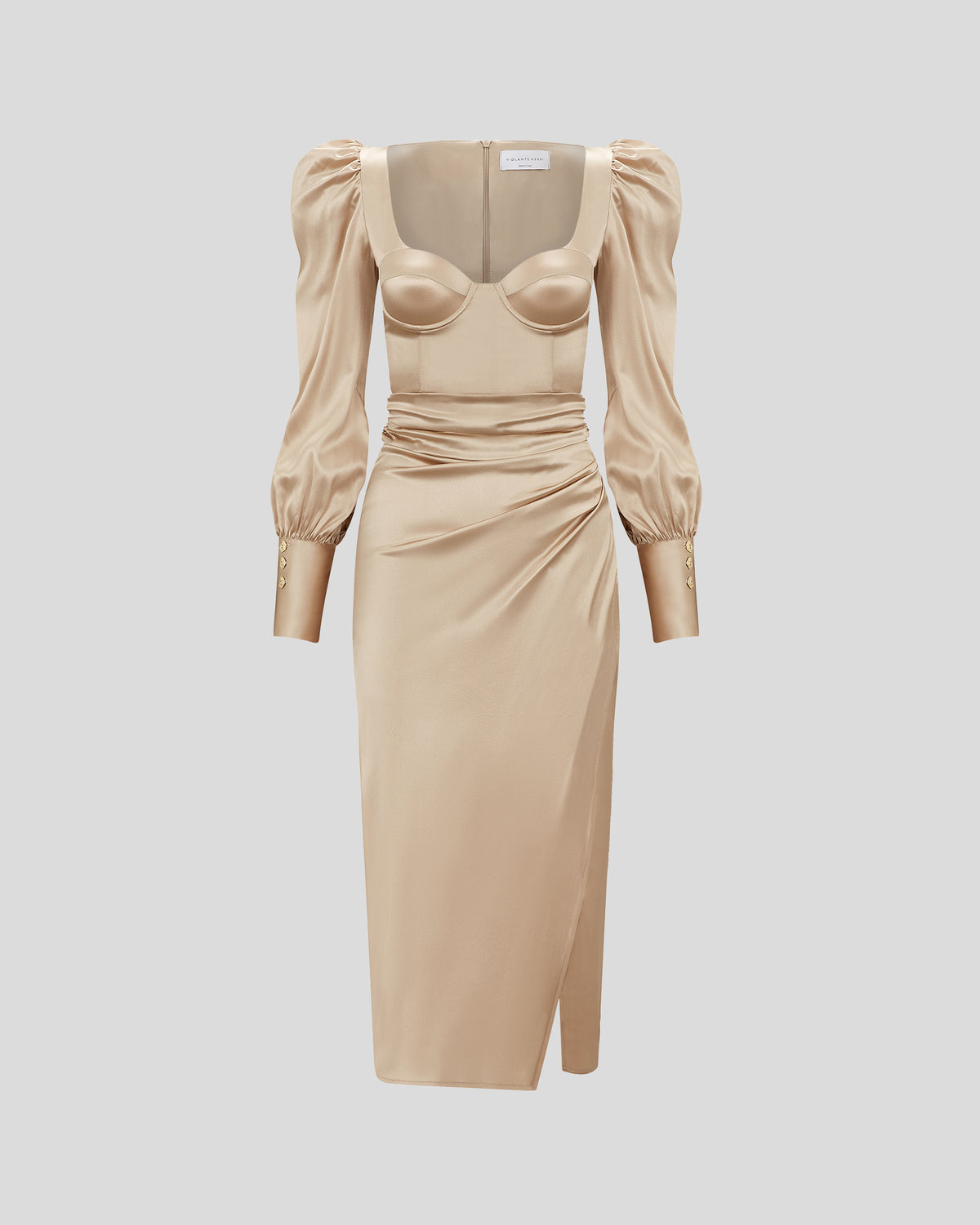 Modigliani dress in silk satin with a sculptural bustier