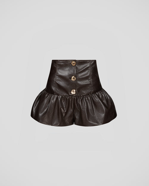 Morocco shorts in snake eco-leather with a sculptural peplum