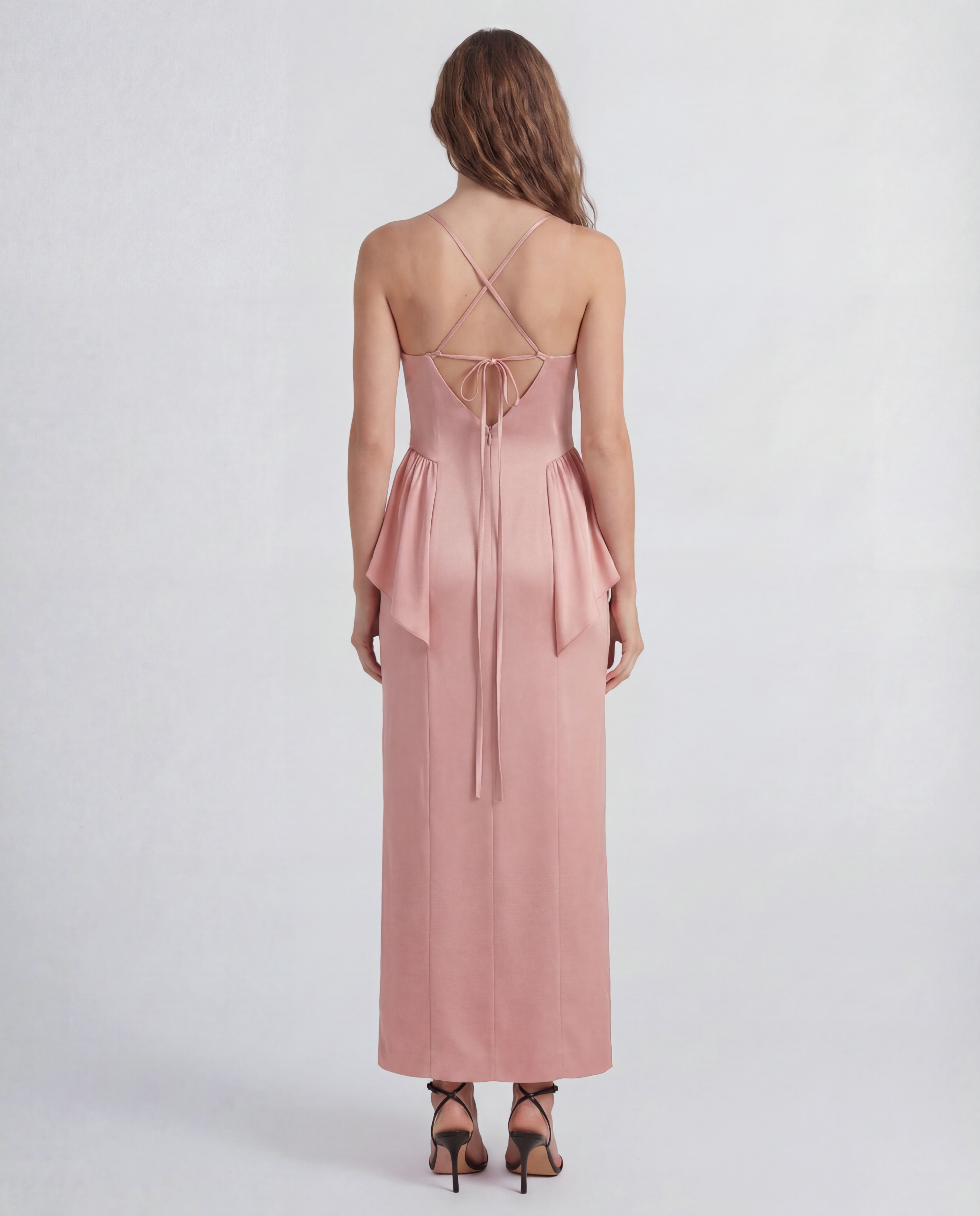 Newton dress in sable cady with ruched silk panels and a removable scarf