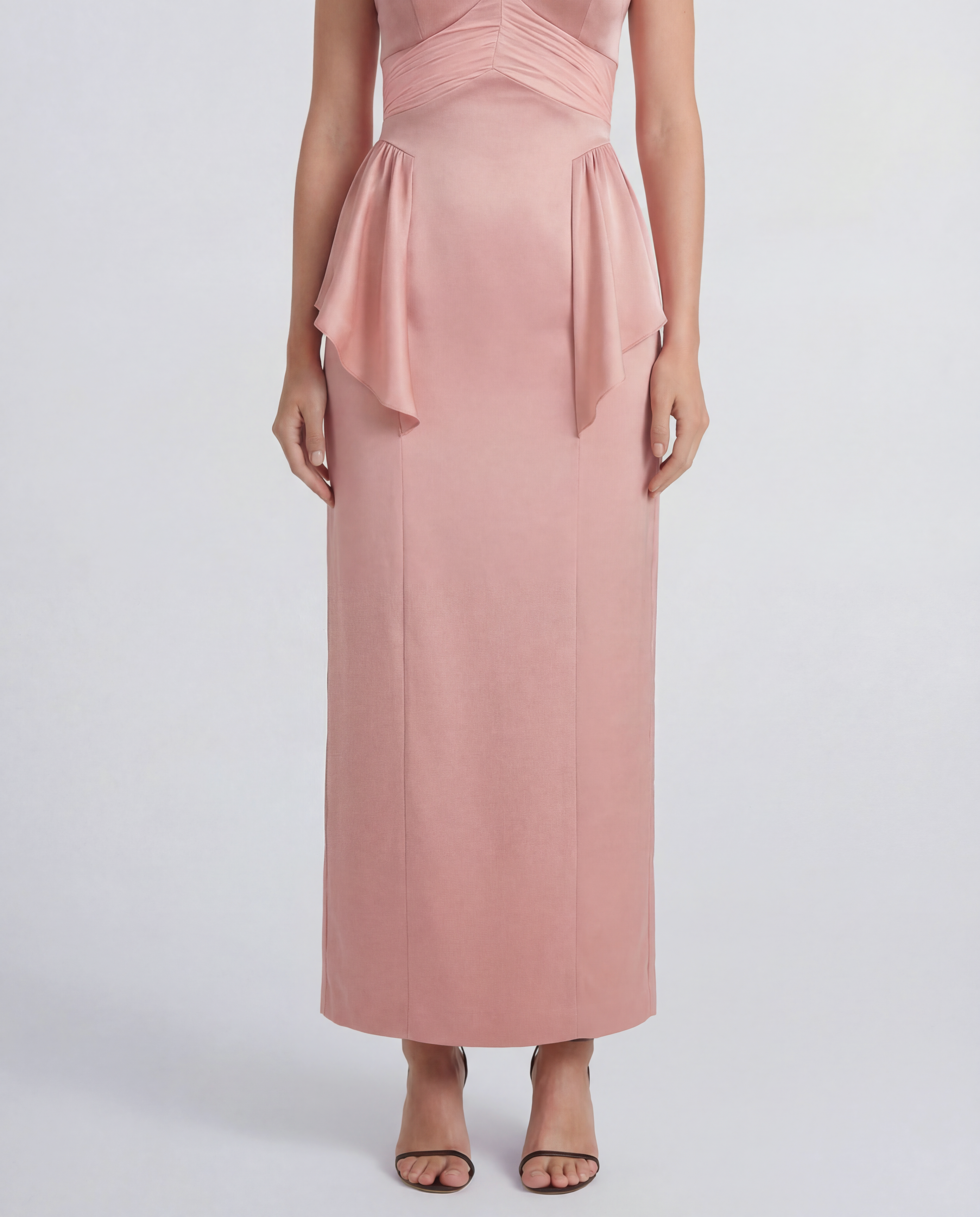 Newton dress in sable cady with ruched silk panels and a removable scarf