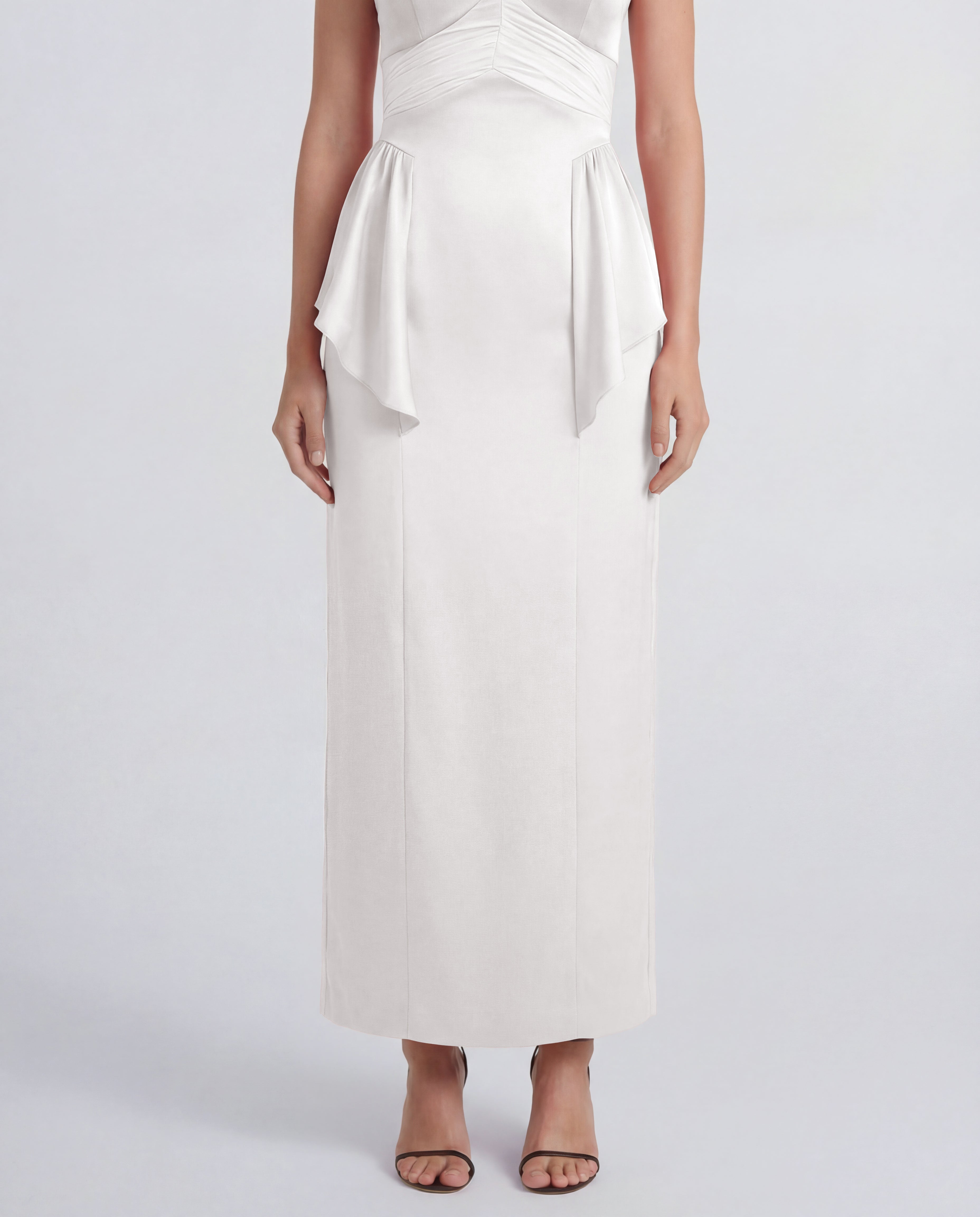 Newton dress in sable cady with ruched silk panels and a removable scarf