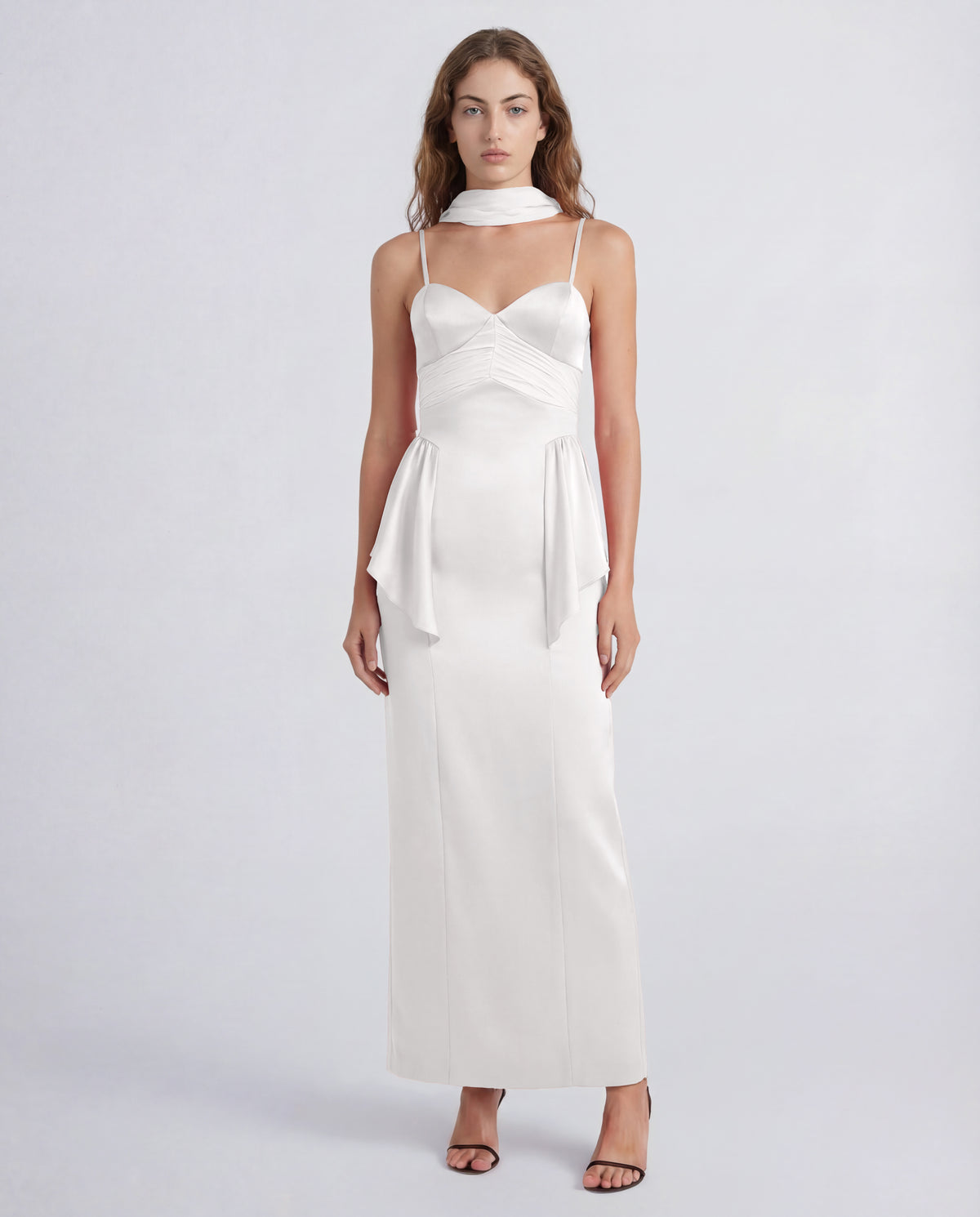 Newton dress in sable cady with ruched silk panels and a removable scarf