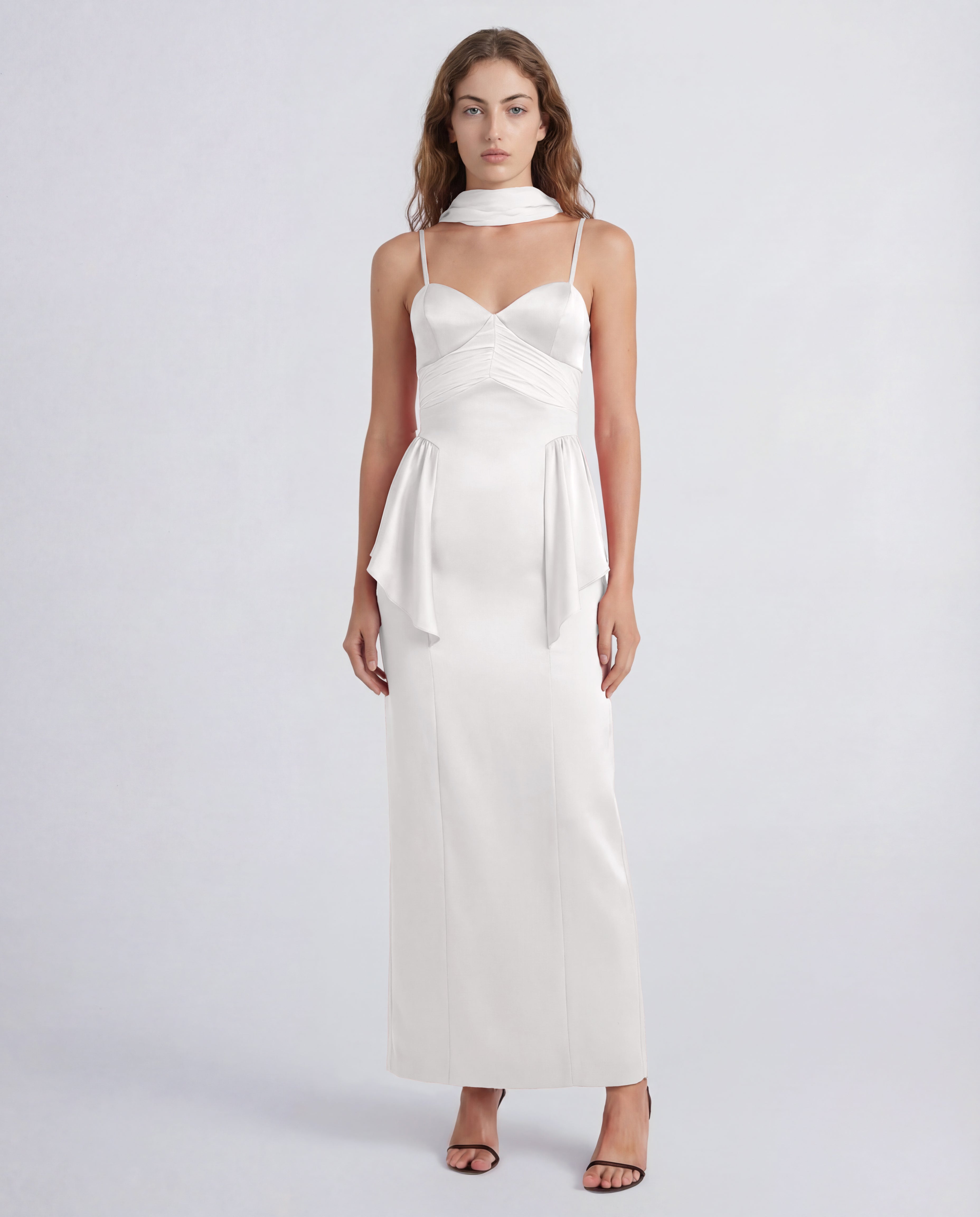 Newton dress in sable cady with ruched silk panels and a removable scarf