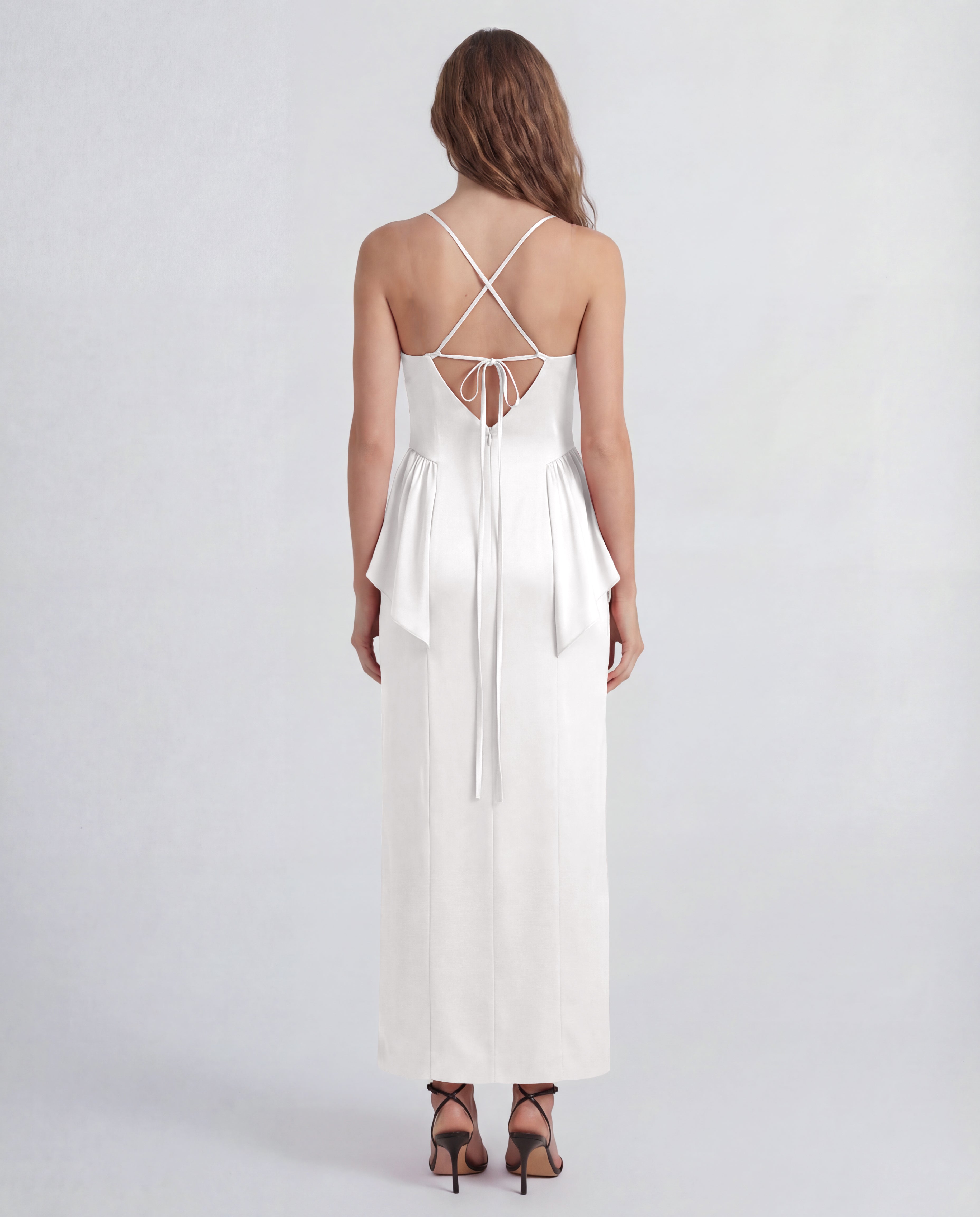 Newton dress in sable cady with ruched silk panels and a removable scarf