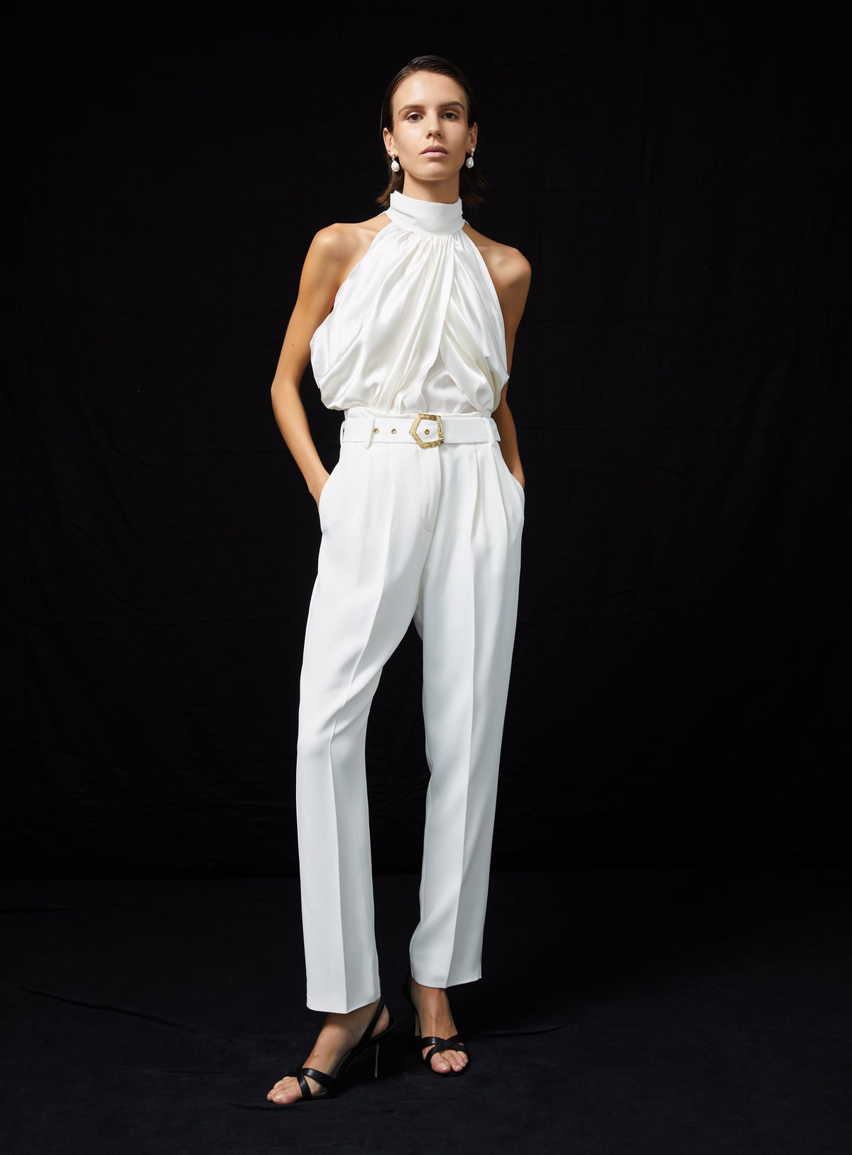 Vasari Top in ivory Silk Satin and Crepe De Chine
