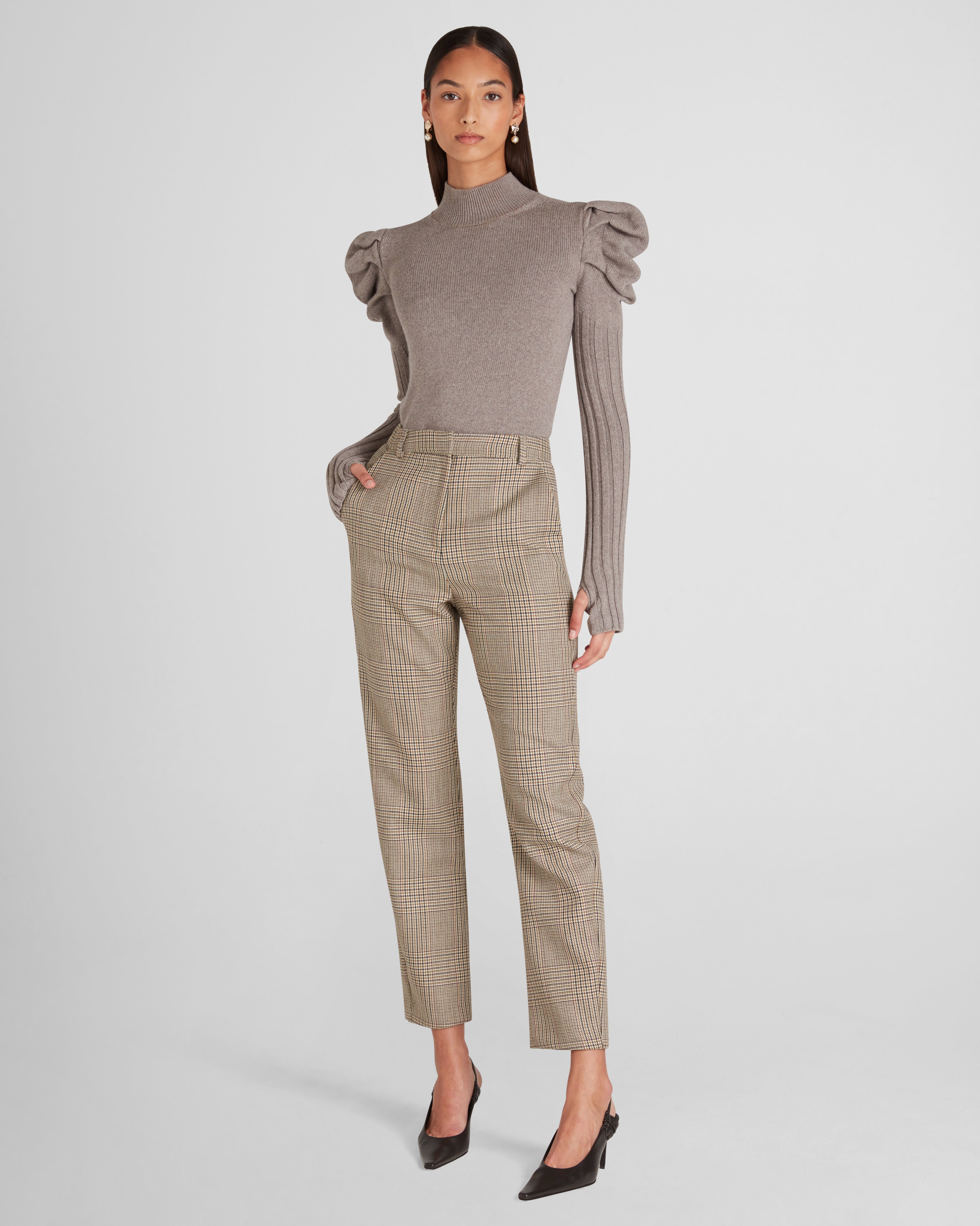 New York trousers in houndstooth wool with a sculptural leg