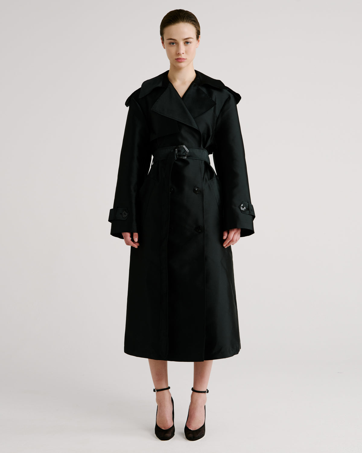 Norah Trench Coat in black Silk Mikado