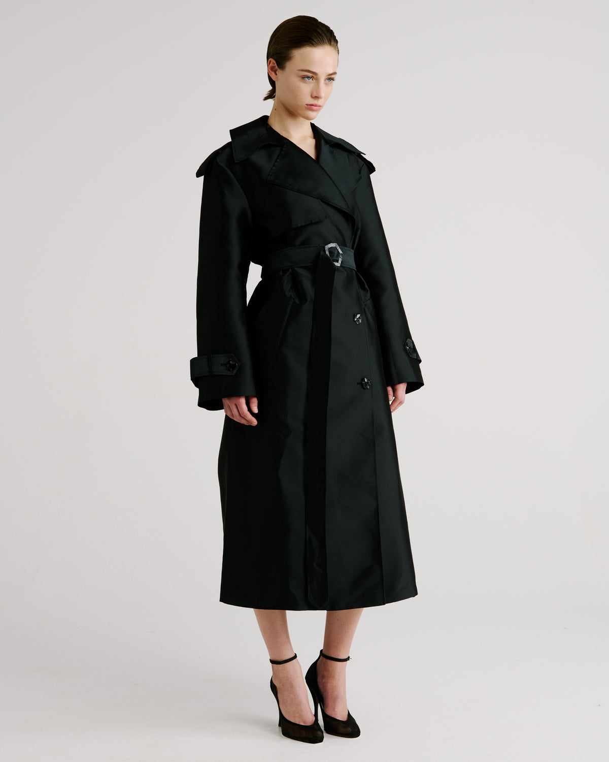 Norah Trench Coat in black Silk Mikado