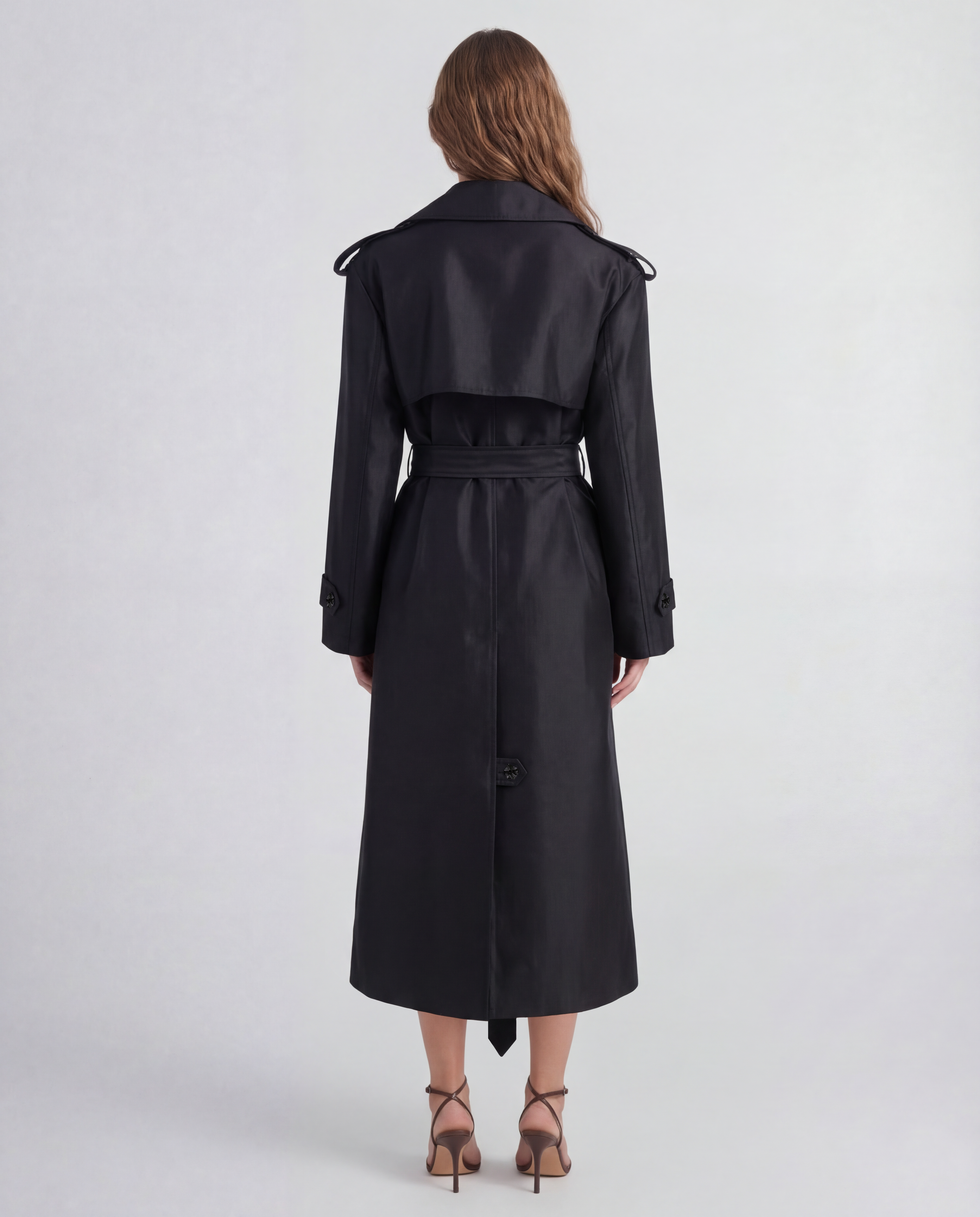 Norah trench coat with a sculptural silk mikado silhouette