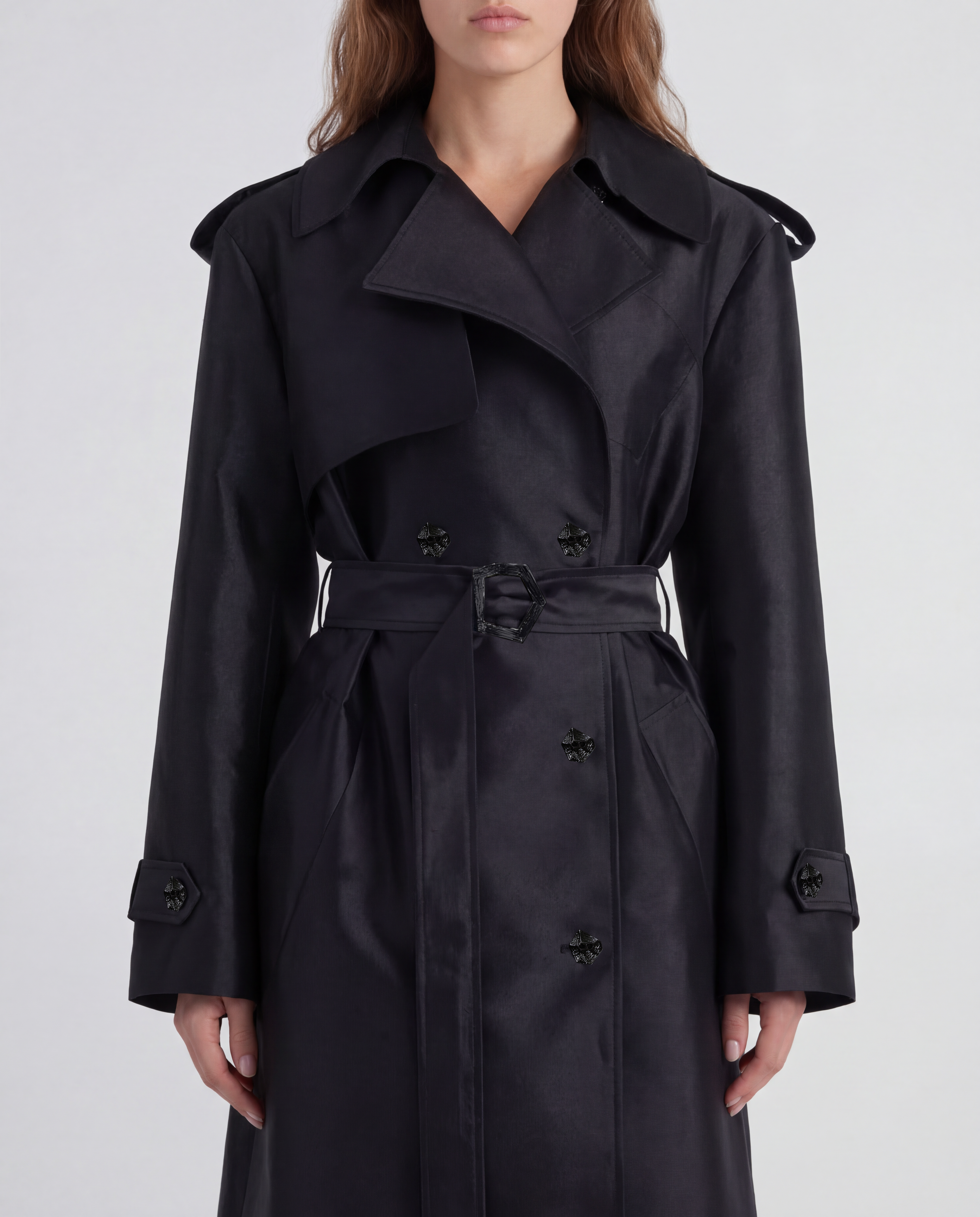 Norah trench coat with a sculptural silk mikado silhouette