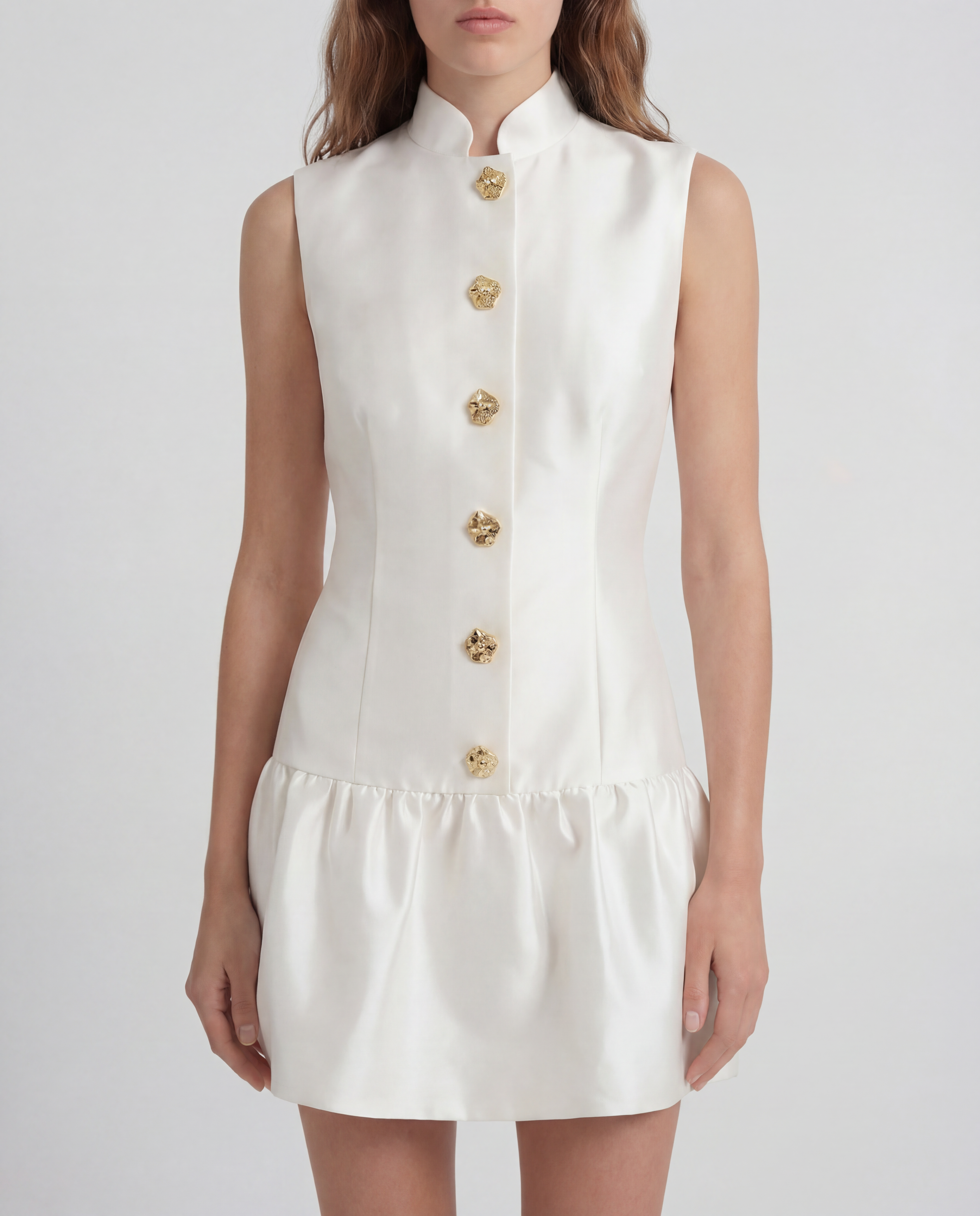 Paris mini dress in silk mikado with a sculptural peplum
