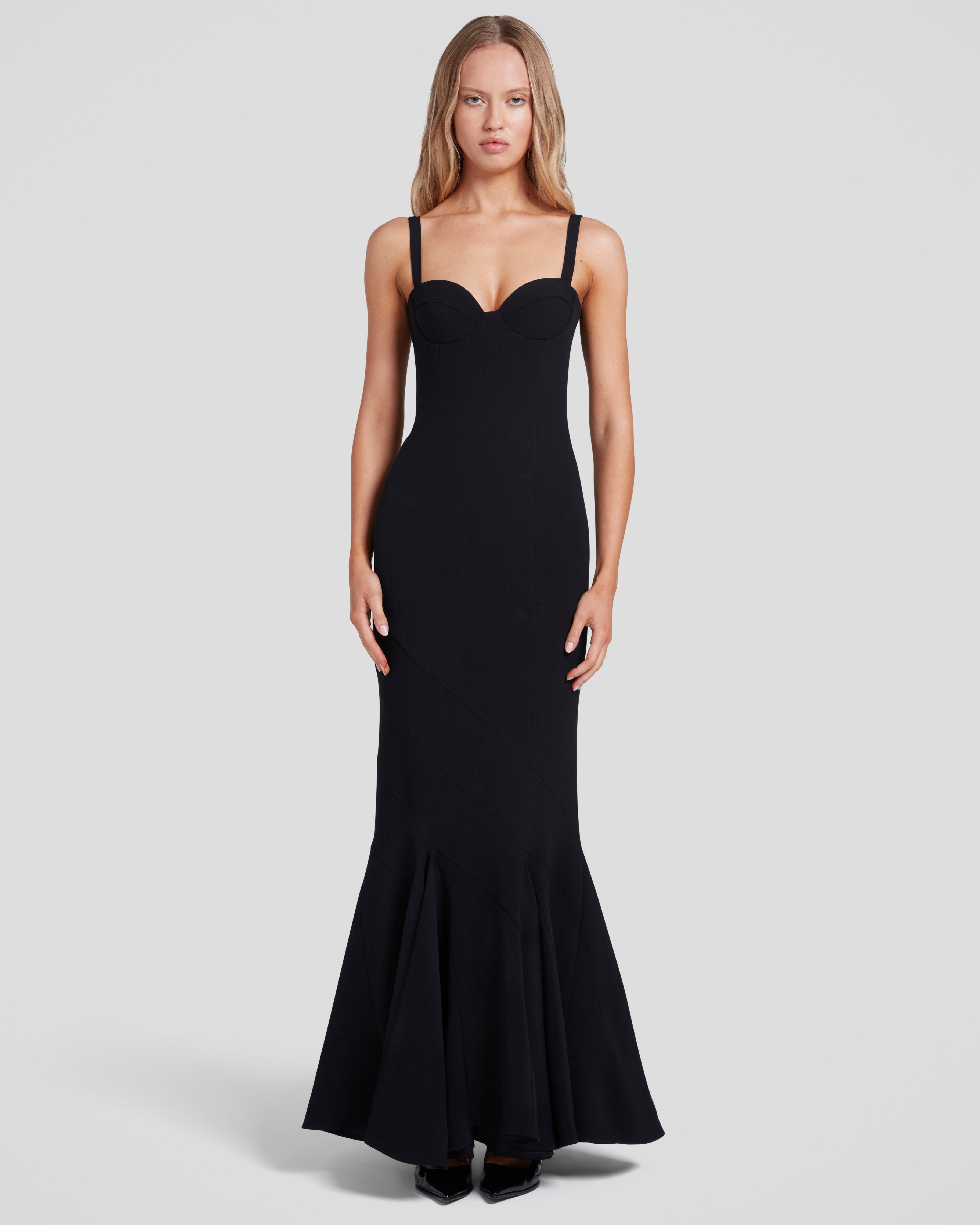 Petrarca dress in sable cady with a sculptural bodice