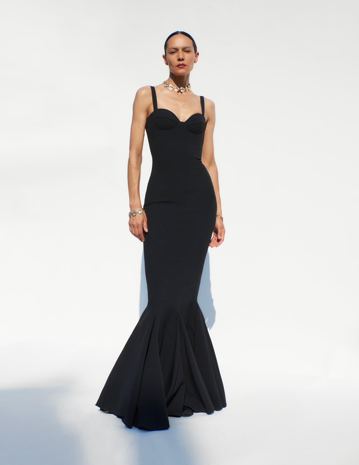 Petrarca dress in sable cady with a sculptural bodice