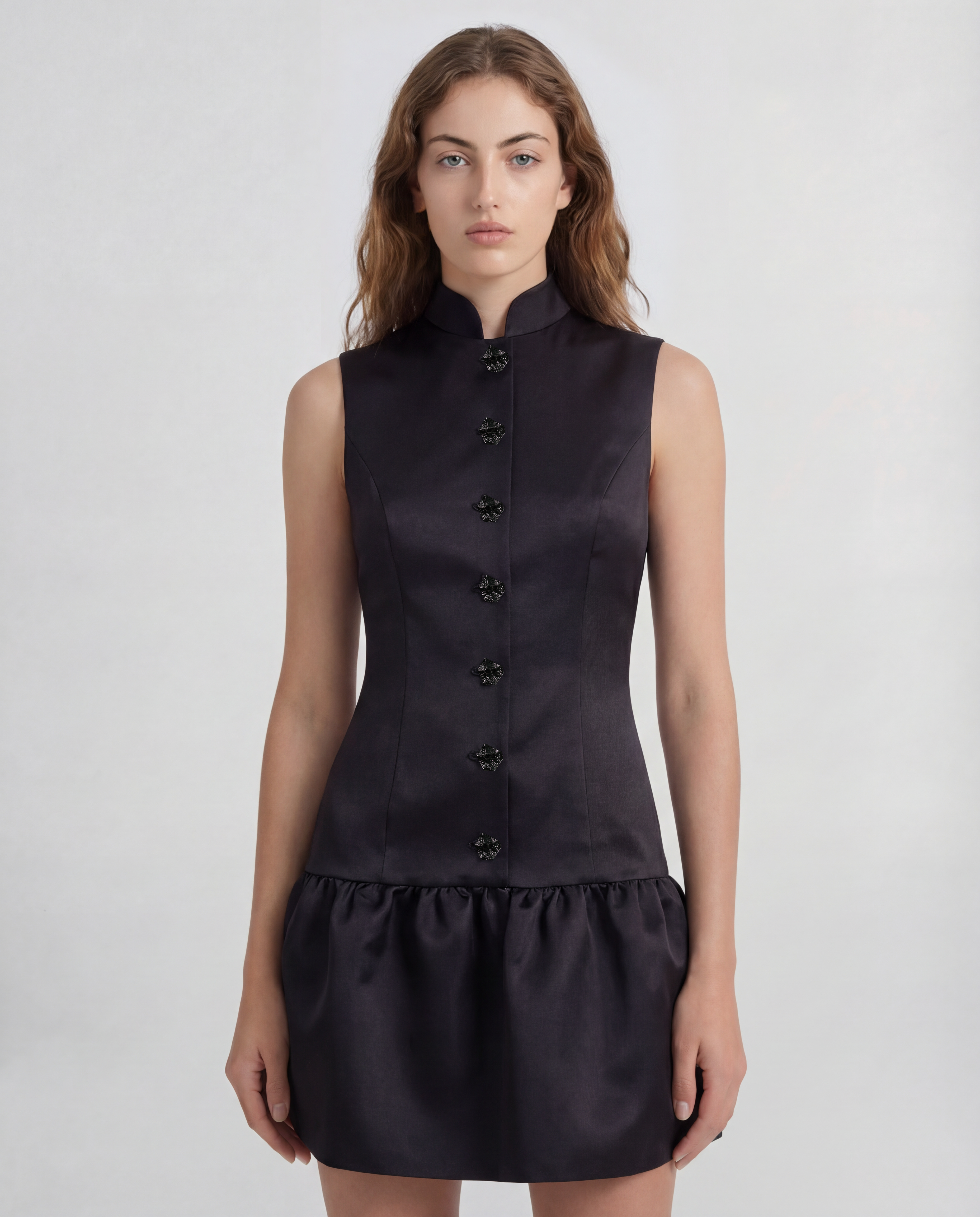Paris dress in silk mikado with a sculptural peplum hem