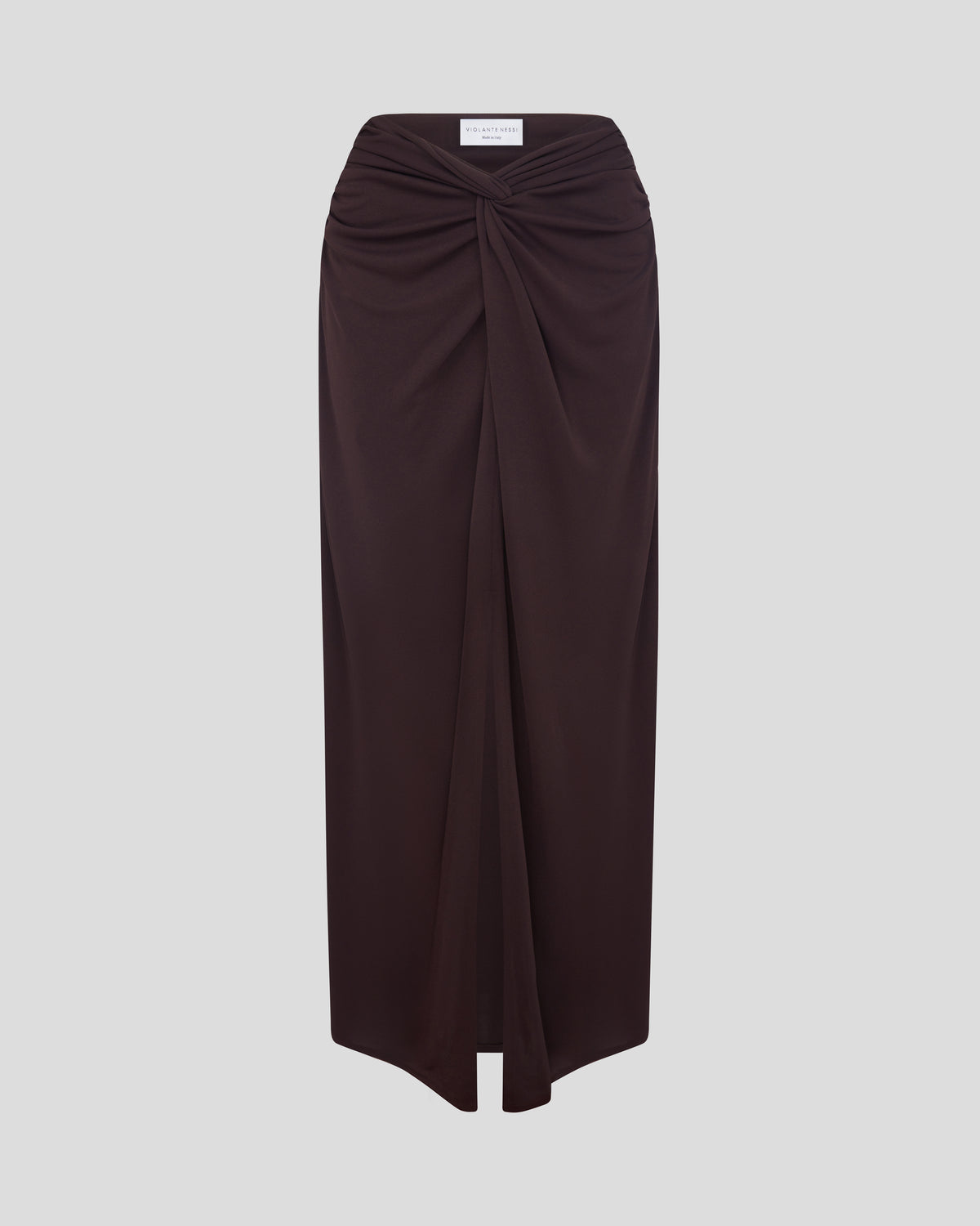 Rebecca skirt with a sculptural twist knot and centre split