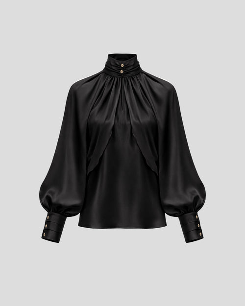 Rossini blouse in silk satin with sculptural bishop sleeves