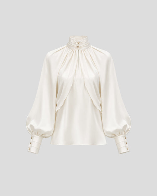 Rossini blouse in sculptural silk satin with a high neck