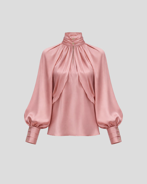 Rossini blouse in sculptural silk satin with a high neck