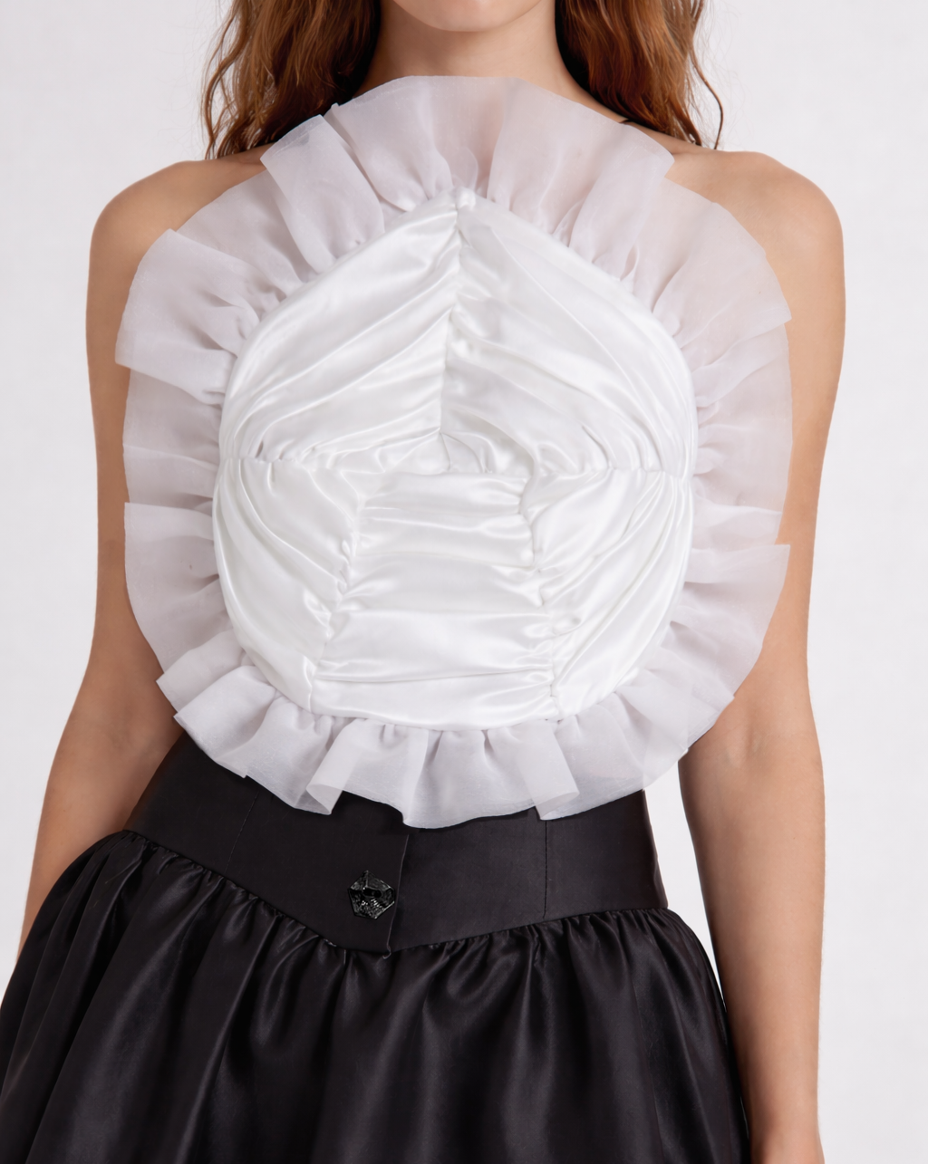 Royal halterneck top in silk satin and sculptural organza
