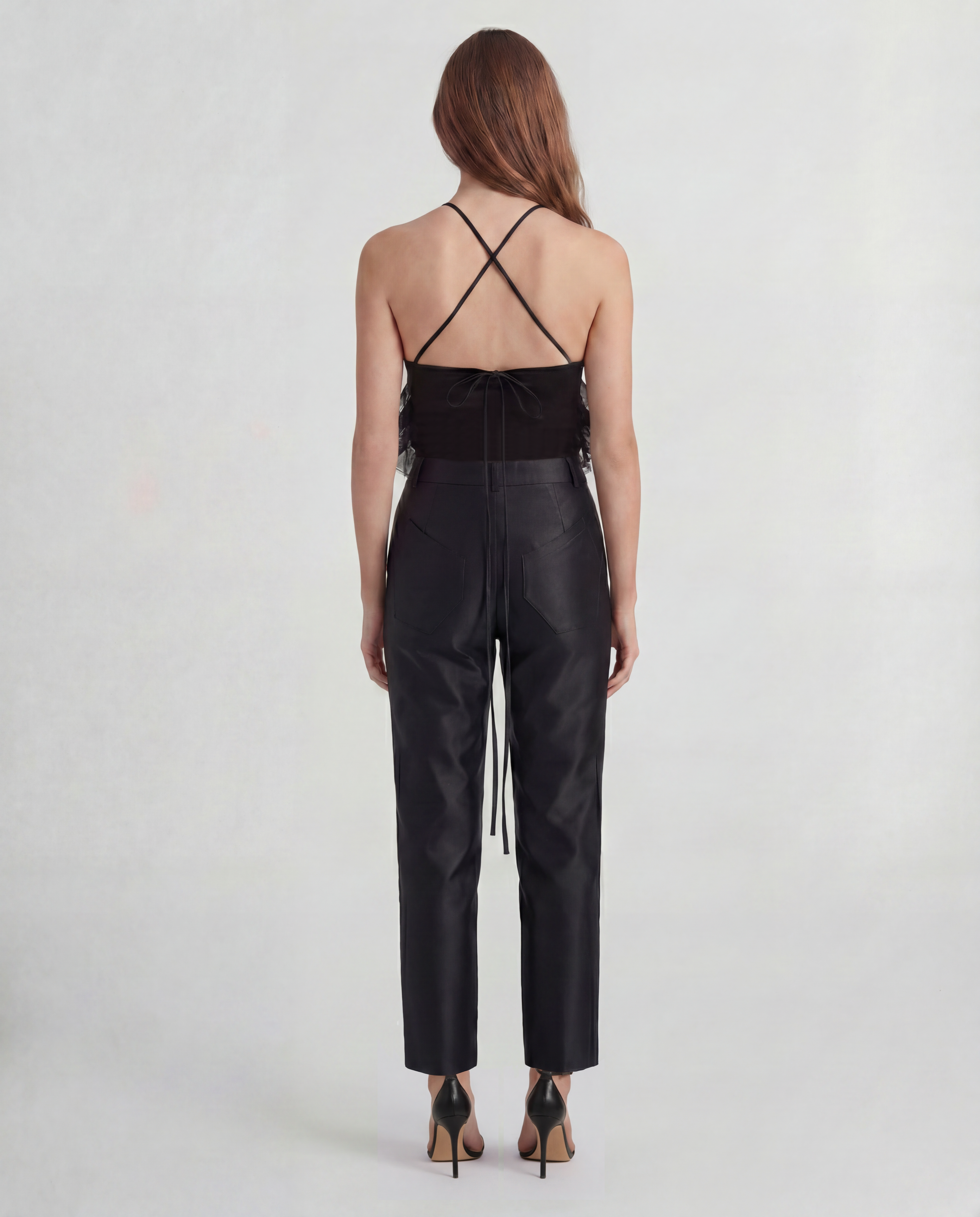 Royal halterneck top in sculptural silk satin and organza