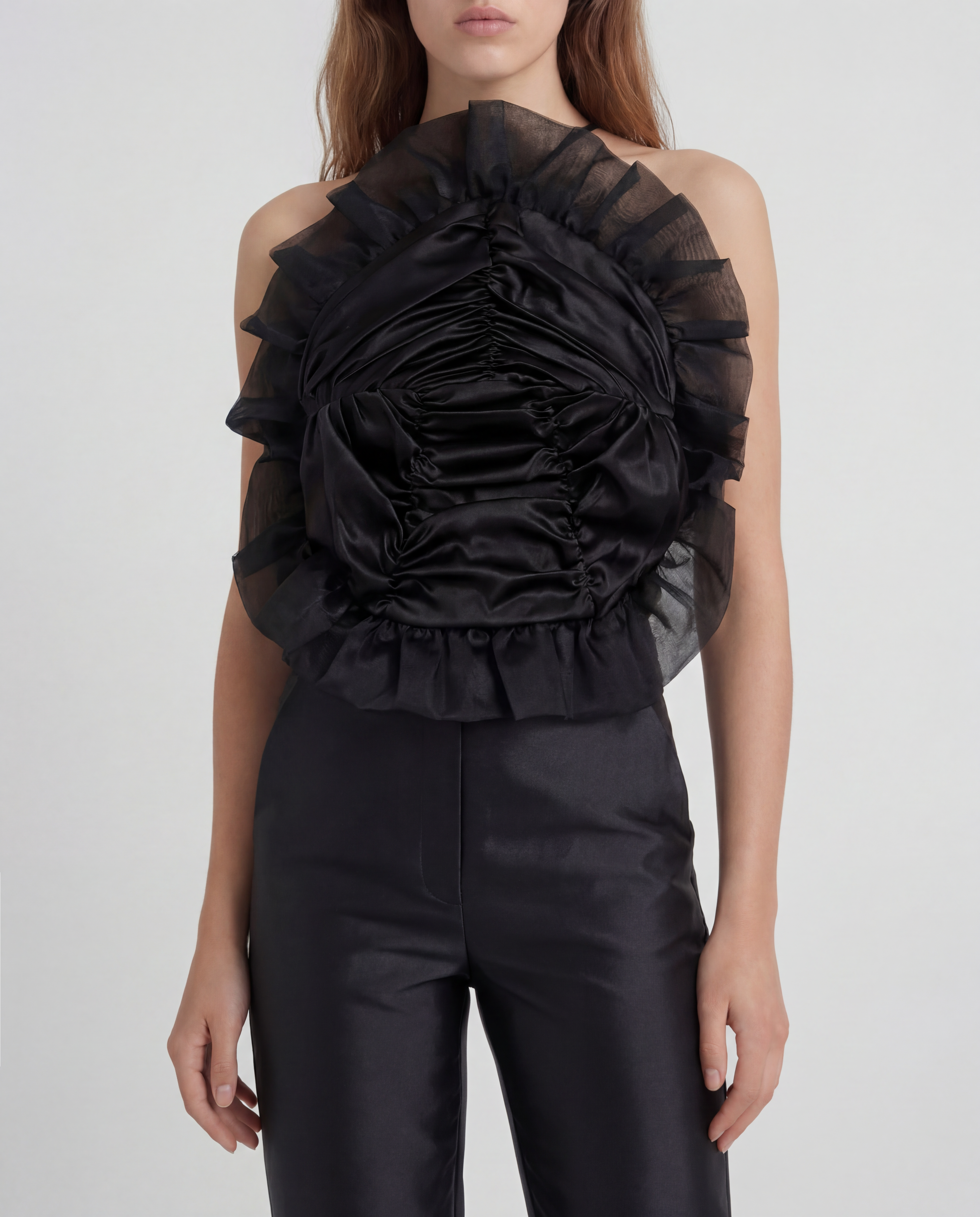 Royal halterneck top in sculptural silk satin and organza