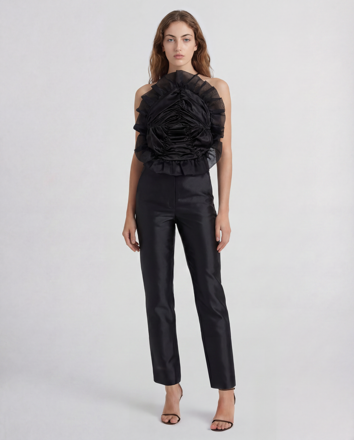 Royal halterneck top in sculptural silk satin and organza