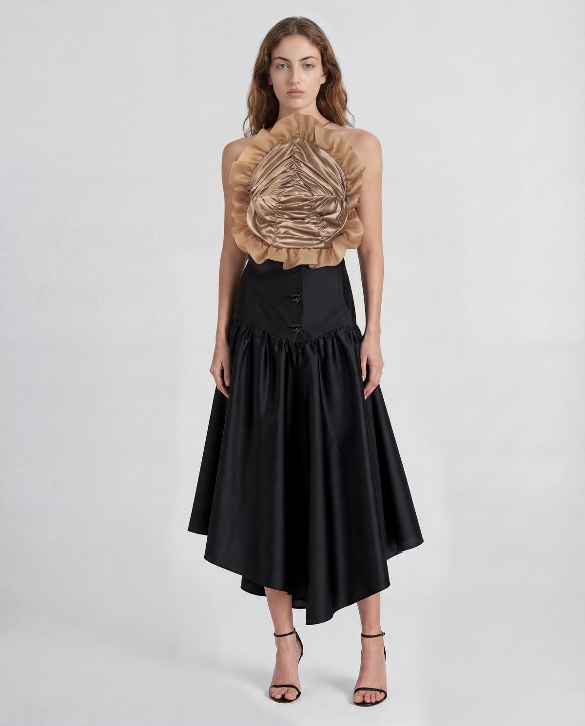 Royal top in sculptural silk satin and embroidered organza