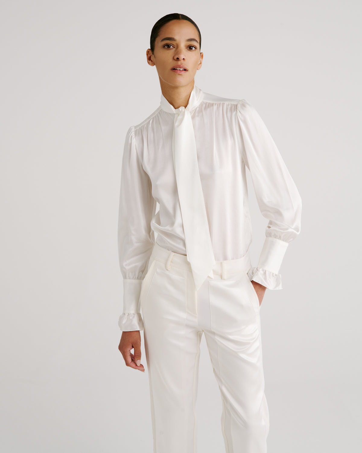 Scheggi Trousers in ivory Silk Satin and Wool Crepe