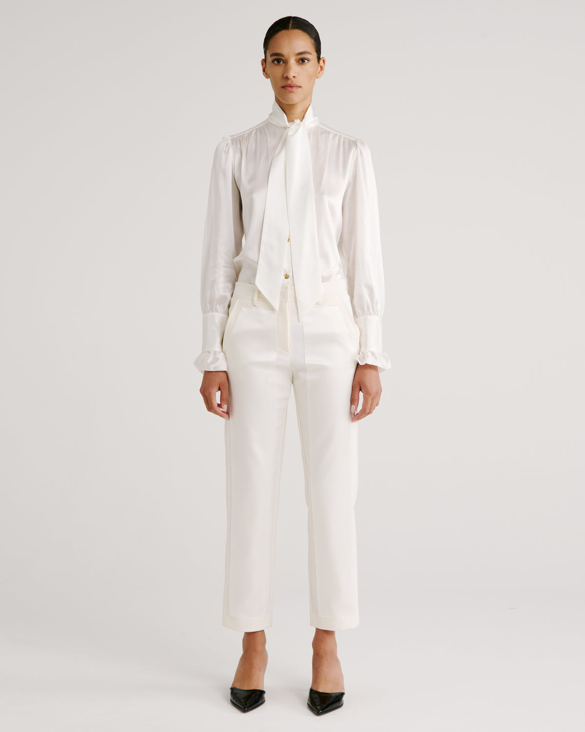 Scheggi Trousers in ivory Silk Satin and Wool Crepe