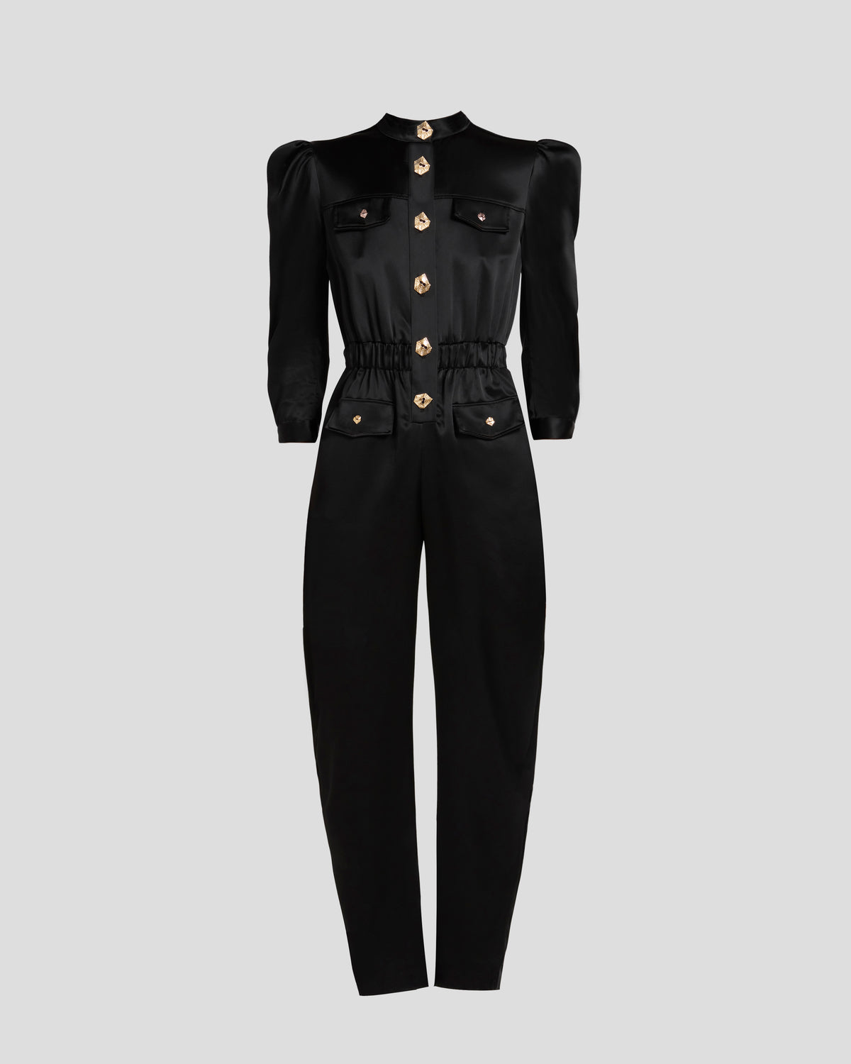 Seurat jumpsuit in cady satin with sculptural shoulders