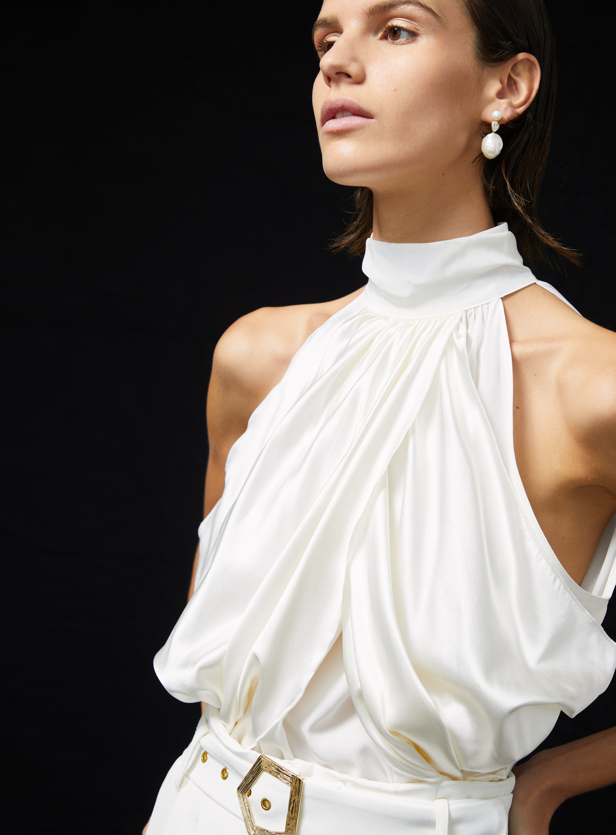 Vasari Top in ivory Silk Satin and Crepe De Chine