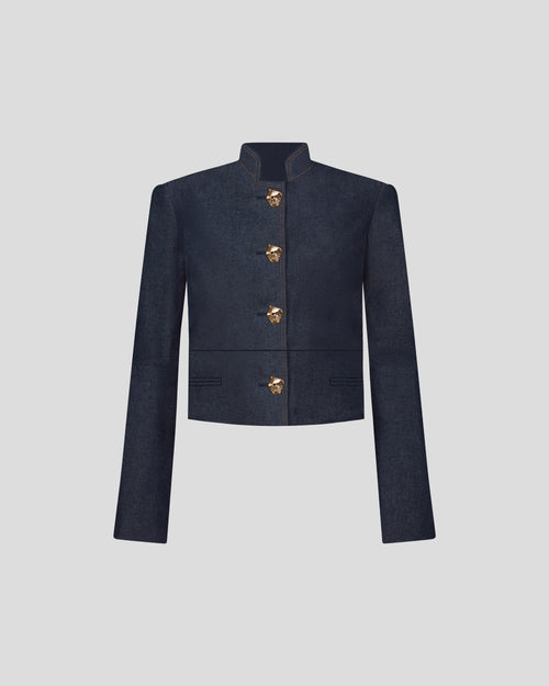 Vicente organic denim jacket with a sculptural stand collar