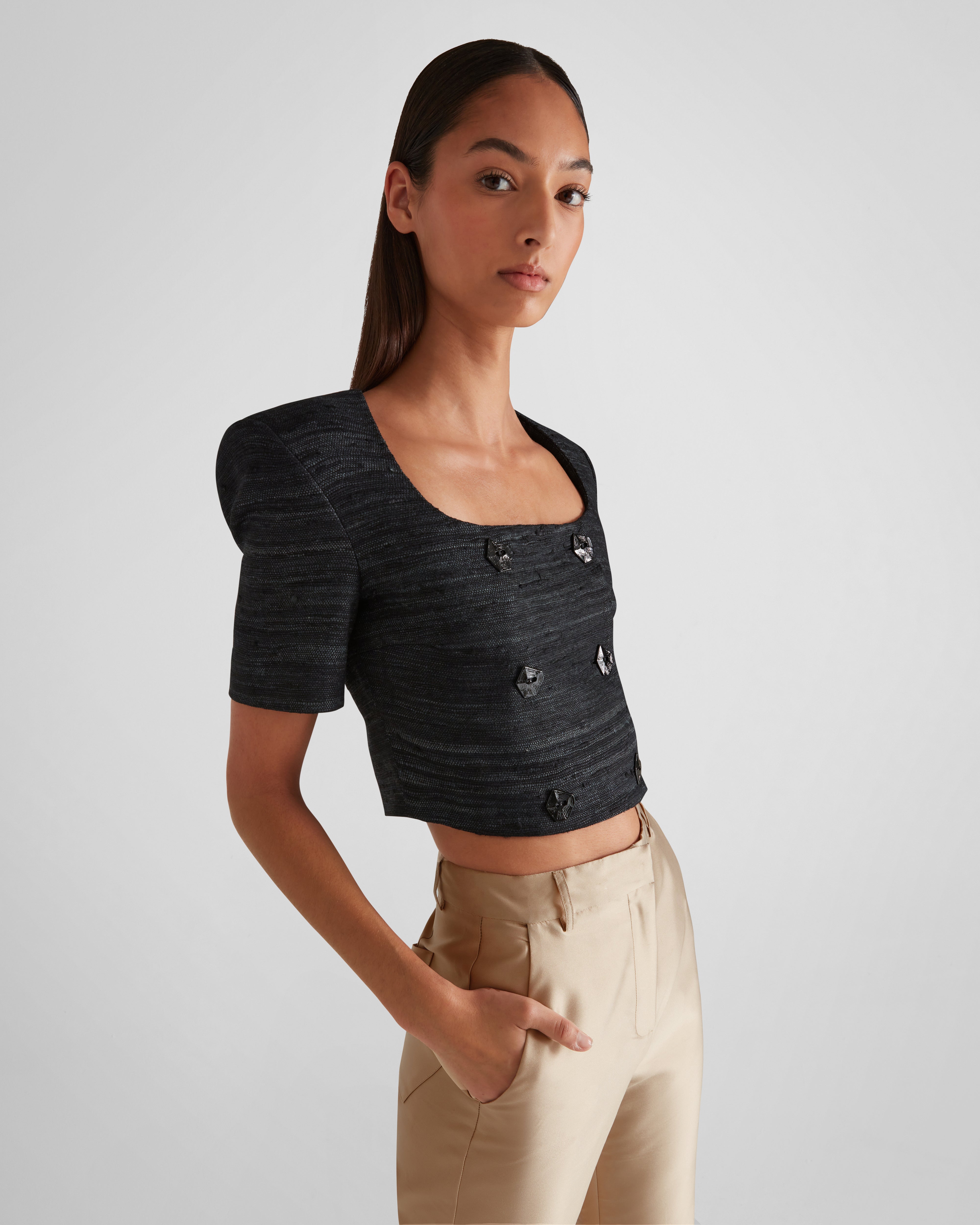 Vittoria top in silk tweed with a sculptural mock-neck