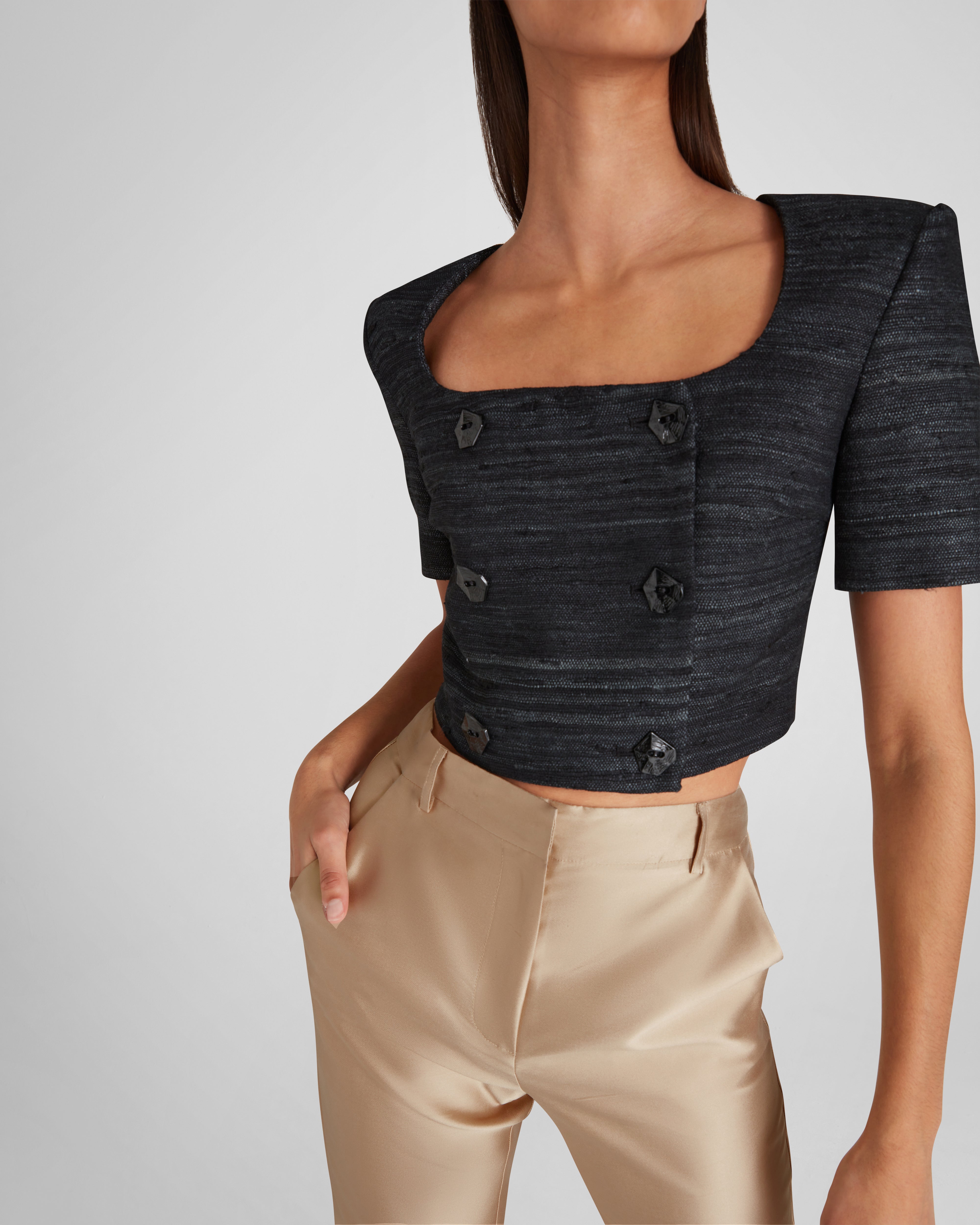 Vittoria top in silk tweed with a sculptural mock-neck